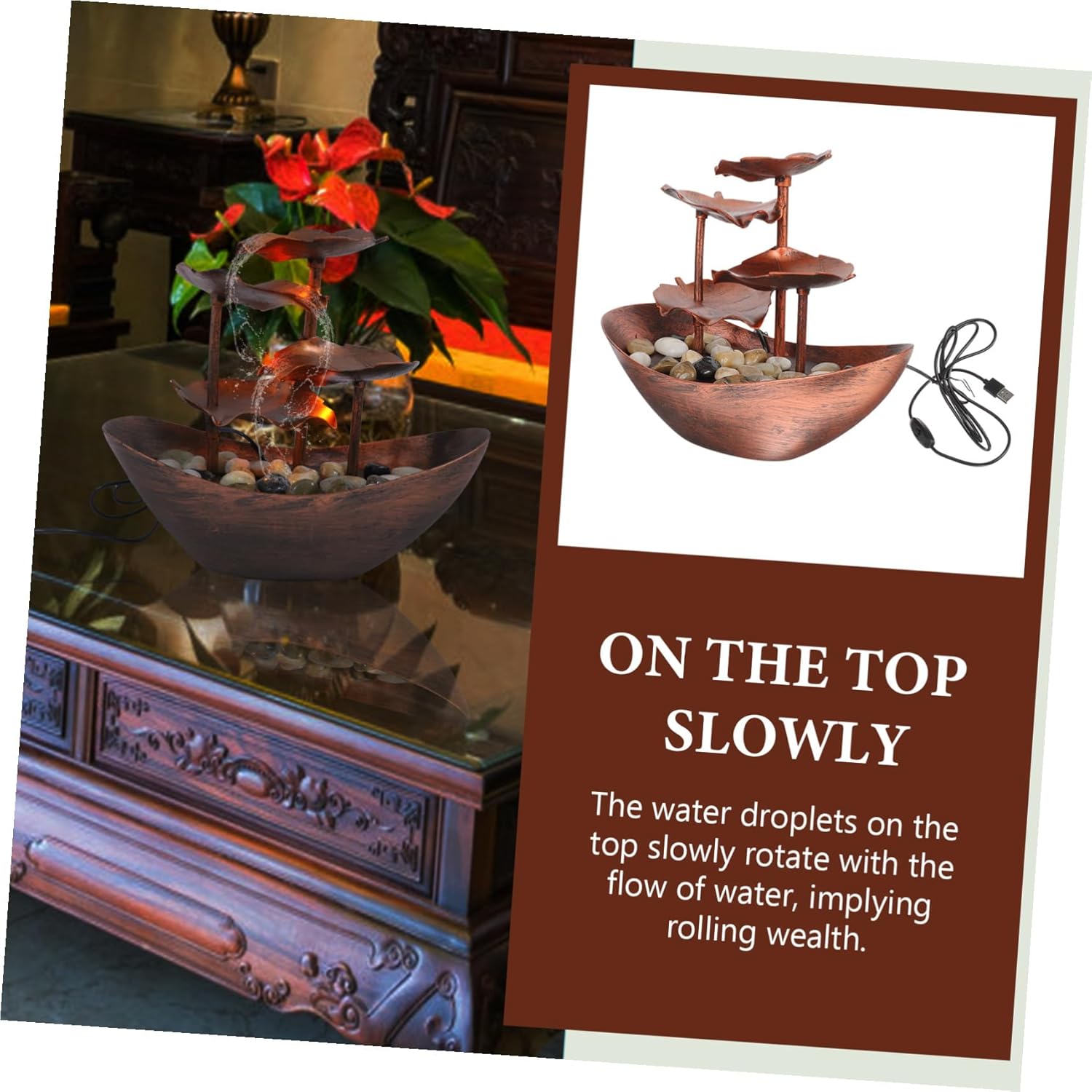 Creative Indoor Tabletop Waterfall Fountain with Lotus Leaf Design Flowing Water Landscape Decoration for Home Office Wedding Zen Relaxation Sturdy Build with Elegant Finish