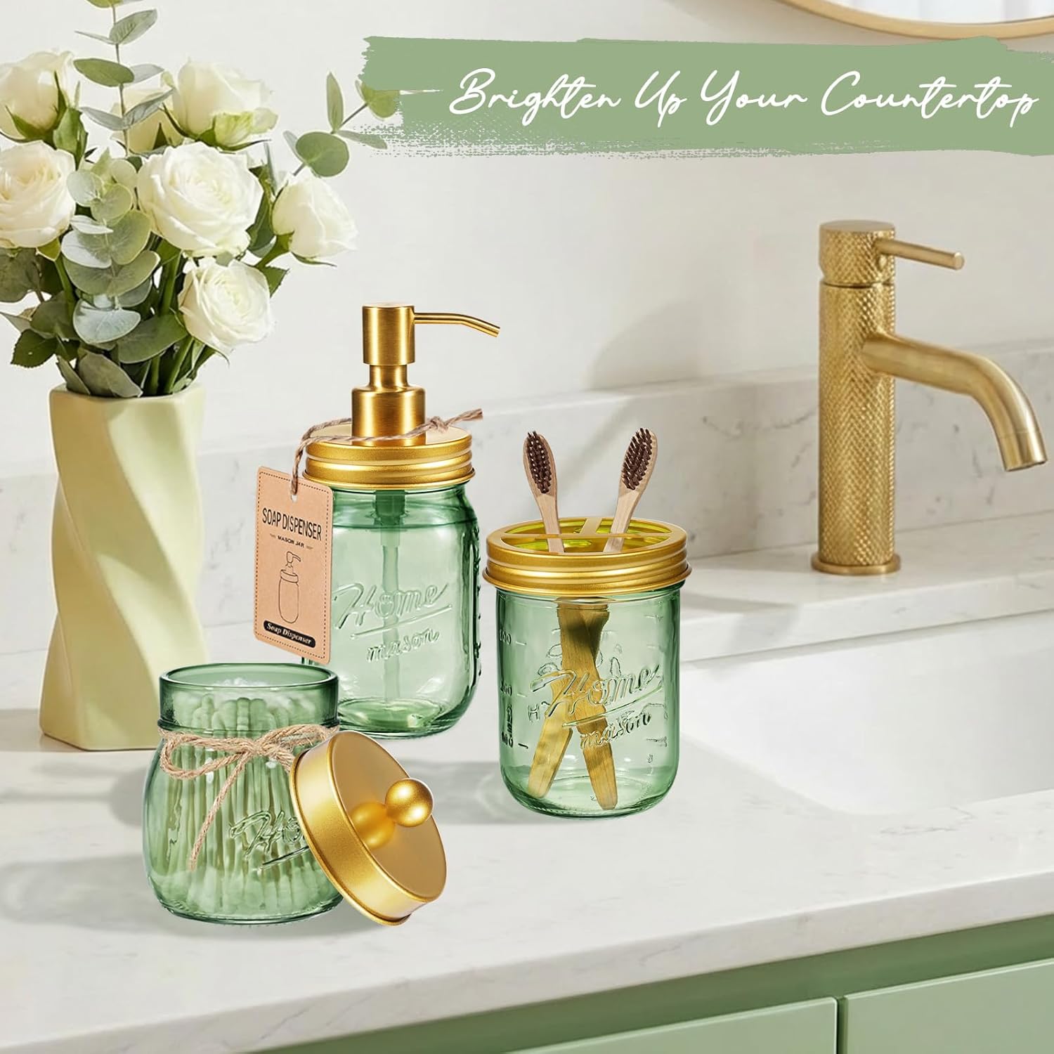 SheeChung 6Pcs Gold Mason Jar Bathroom Accessories Set, Qtip Holder, Soap Dispenser & 1 Mason Jar Toothbrush Holder, Bathroom Essentials, Stainless Steel, Green Bathroom Decor
