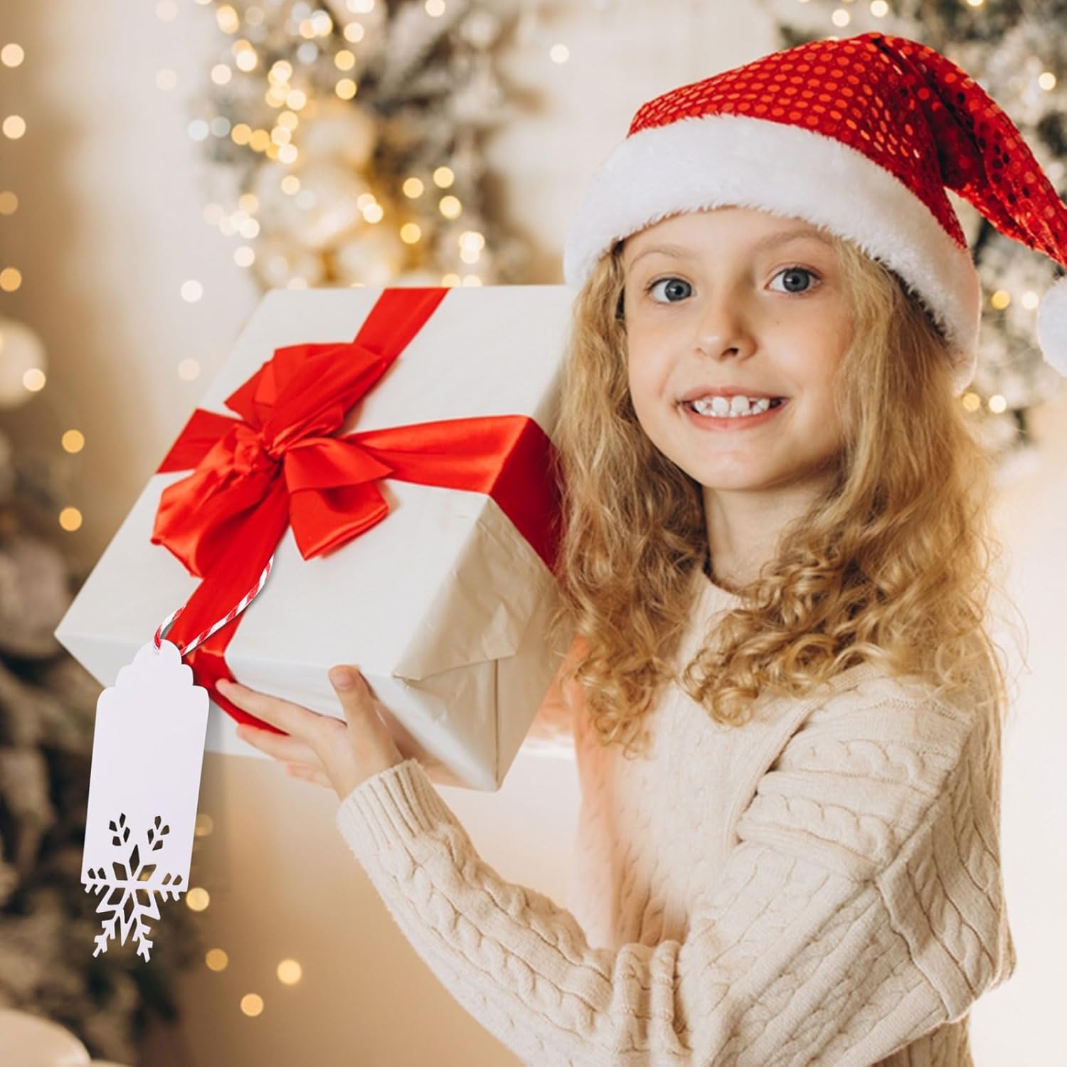 MixTeach 150Pcs Christmas Gift Tags with String, White Hollow Snowflake Gift Labels Blank Winter Paper Hanging Ornaments for Christmas DIY Crafts Holiday Present Wrapping Party Favors, 3.74x1.97 inch - Image 7