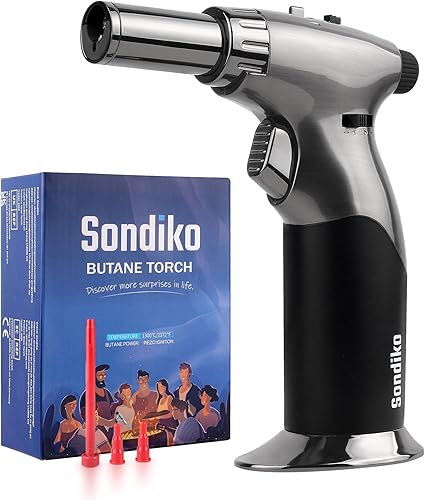Sondiko Potente soplete de butano de llama de estilo dual, encendedor de butano de tamaño de llama triple ajustable, soplete recargable con bloqueo