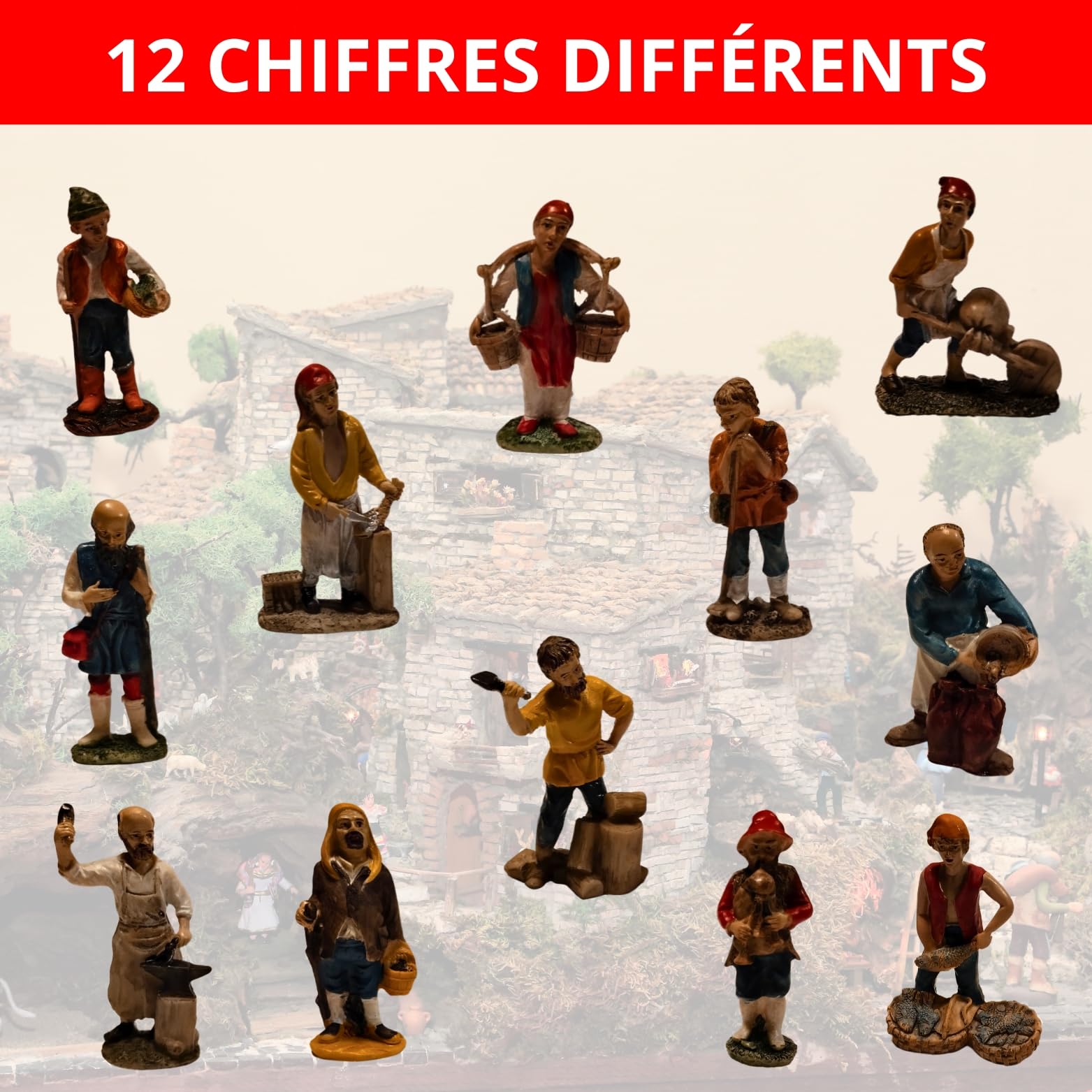 Lot 12 Santons 10 cm – Personnages Métiers pour Crèche – Figurine Crèche Noël – Nativité, Crèches et Santons, Décoration Traditionnelle