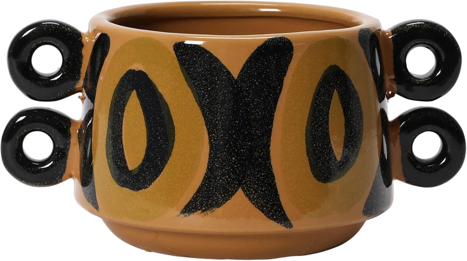 Bloomingville Hand Painted Stoneware Planter with Handles, Brown and Black Flower
