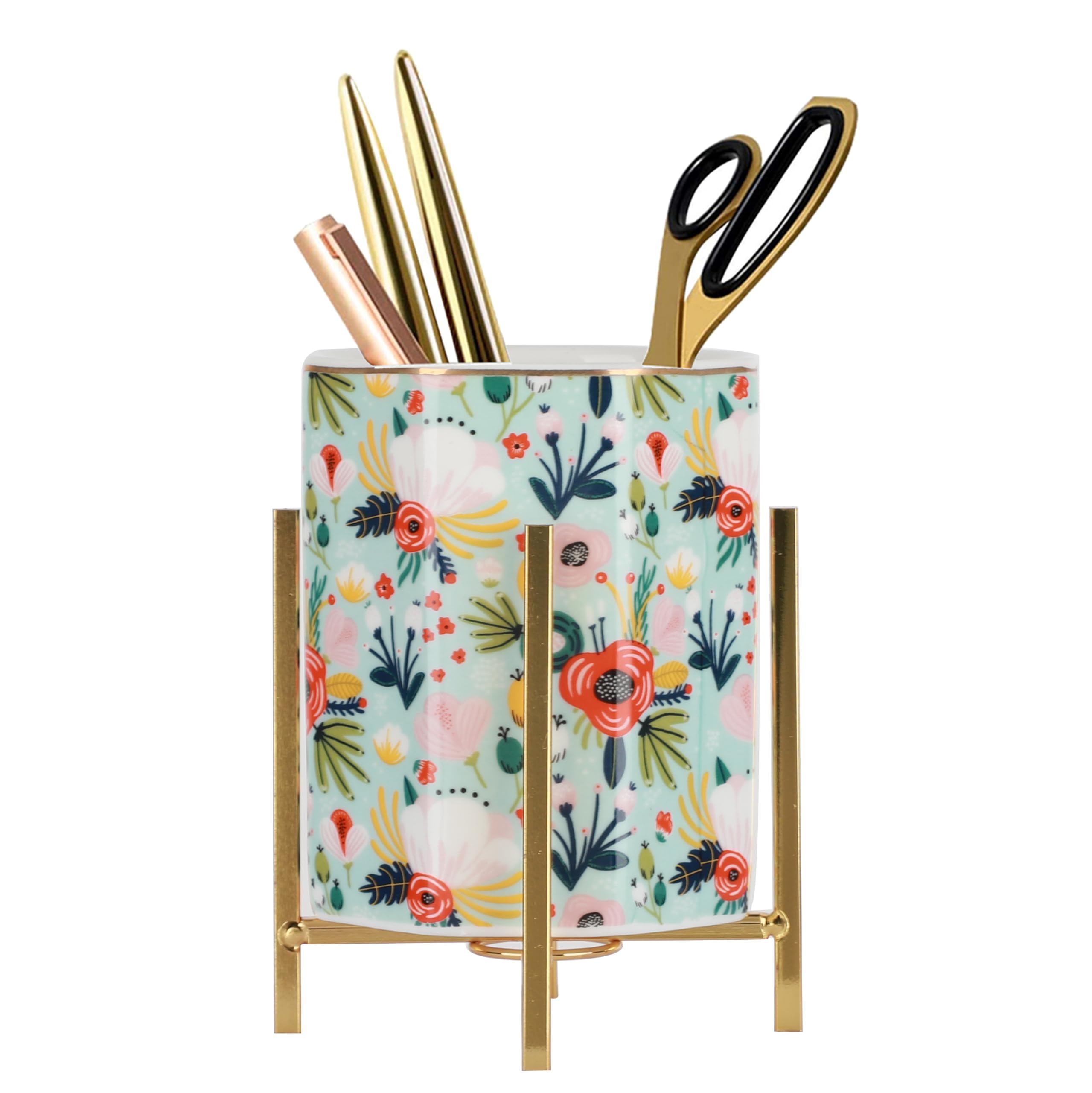 SIEBOLD Pencil Holders & Pen Holders for Desk,White Ceramic With Sturdy Round Metal Frame Suitable for Pencil, Makeup Brush Holder(2pack 3.14*4.6inch)