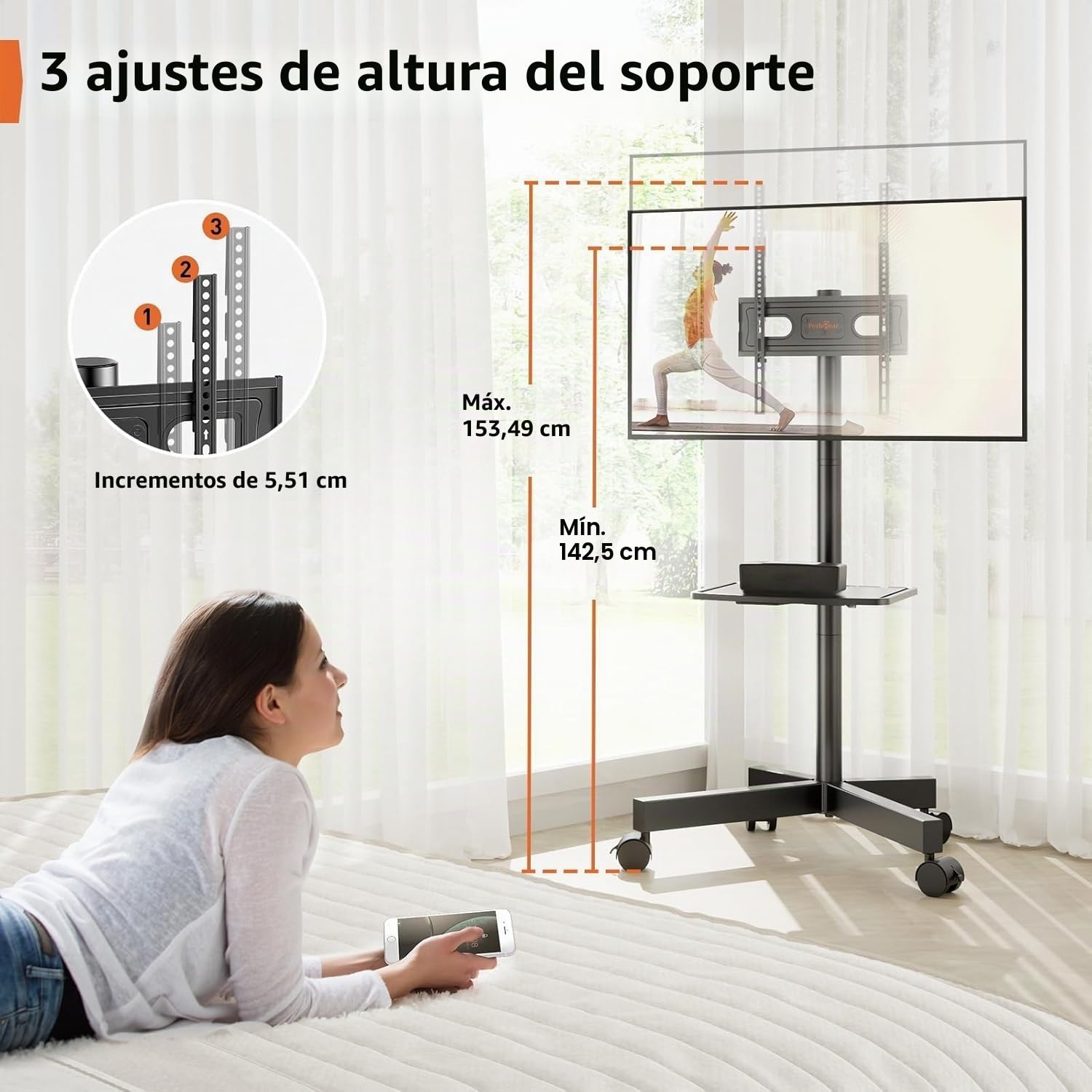 Carro TV móvil con Ruedas para TV Plana/Curva de 23 a 60 Pulgadas Soporte TV inclinable Estante Regulable en Altura Carro TV móvil de Suelo Soporta hasta 40 kg MAX VESA 400x400mm