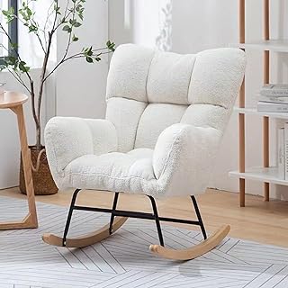 Moderna mecedora tapizada de peluche para guardería y sala de estar, silla decorativa de respaldo alto con asiento acolchado, color blanco, 55 x 75 x 82 cm, comodidad y apoyo elegantes
