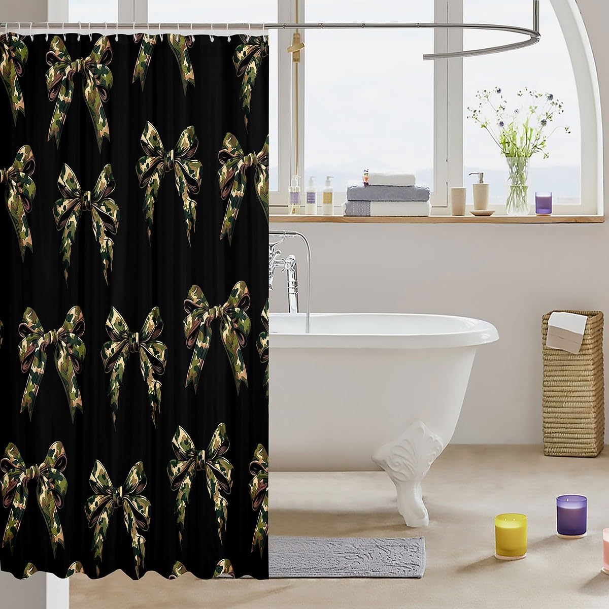 jejeloiu Cute Bowknot Bathroom Accessories 72"x78" Camouflage Shower Curtain for Bathroom Decor for Kids Boys Girls Green Bow Bath Curtain Waterproof Polyester Fabric Kawaii