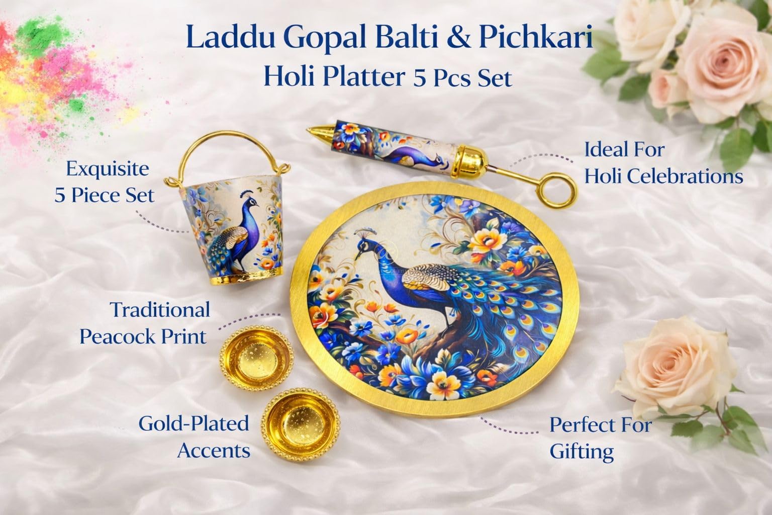 Arrakasta Crafts Laddu Gopal Holi Puja Thali Plate Platter 5 Piece Set with Balti, Pichkari, 2 Bowls | Radha Krishna Peacock Pichwai Holi Puja Item Nand Utsav Gift (Peacock Holi Platter 5 Pcs Set) 2