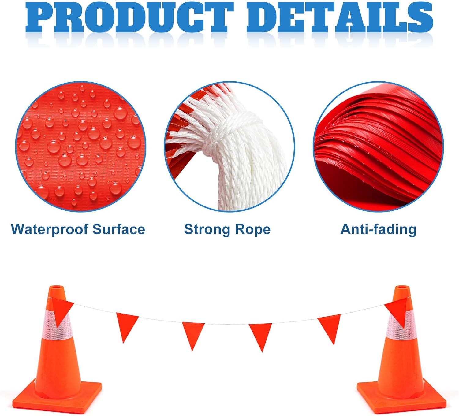 Preboun 197FT Pennant Banner Flags High Visibility Safety Marking Flags Traffic Resistant Warning Signs Rooftop Flagging for Roadwork, Hazard Areas, Construction Sites(9 x 12 Inch,Red)