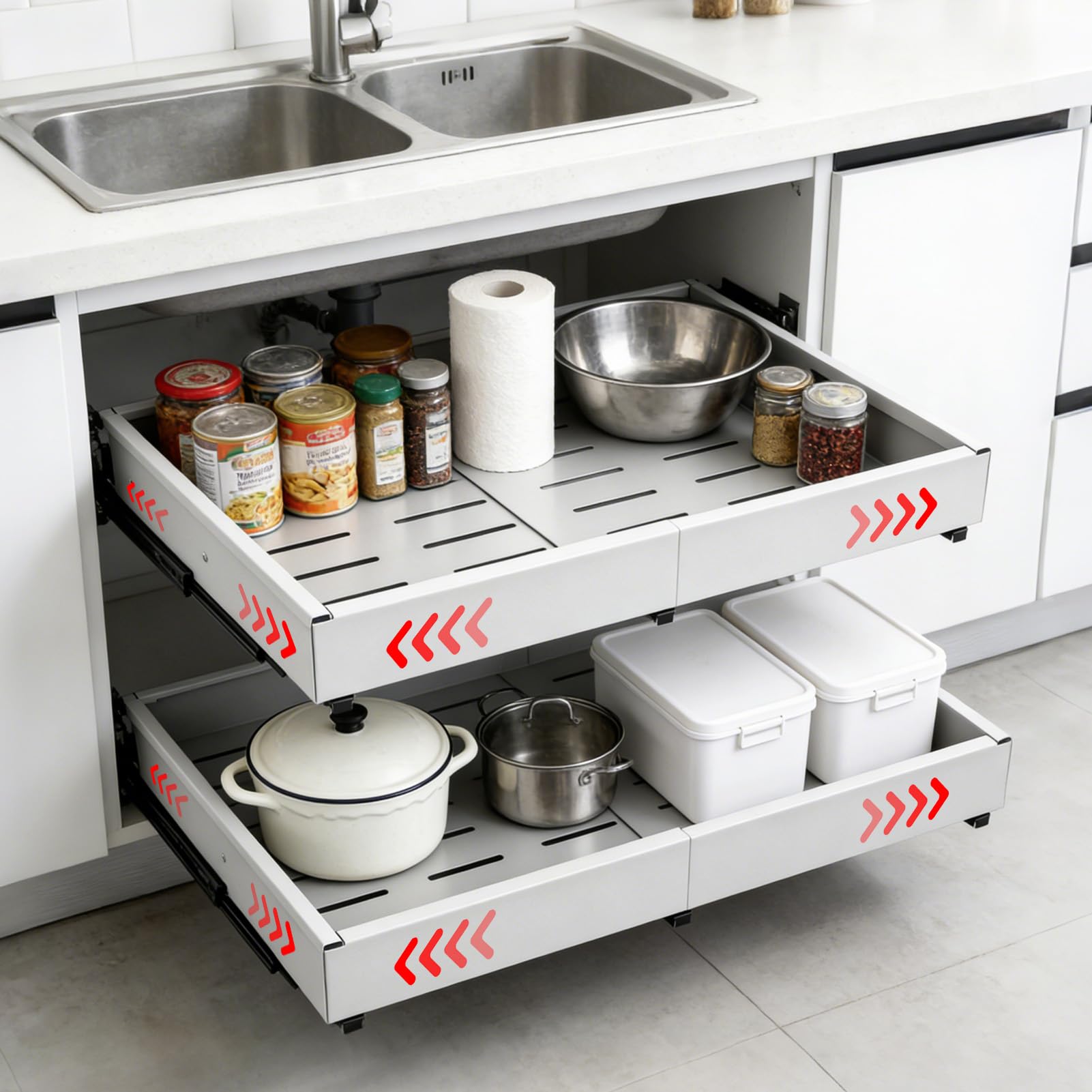 Auszug Küchenschrank 48 cm Tief mit Kleber ohne Bohren 2er-Pack Schubladen organizer ausziehbare Schublade Küche aus Kohlenstoffstahl Teleskopschublade erweiterbare Breite 41.5-58cm, weiß