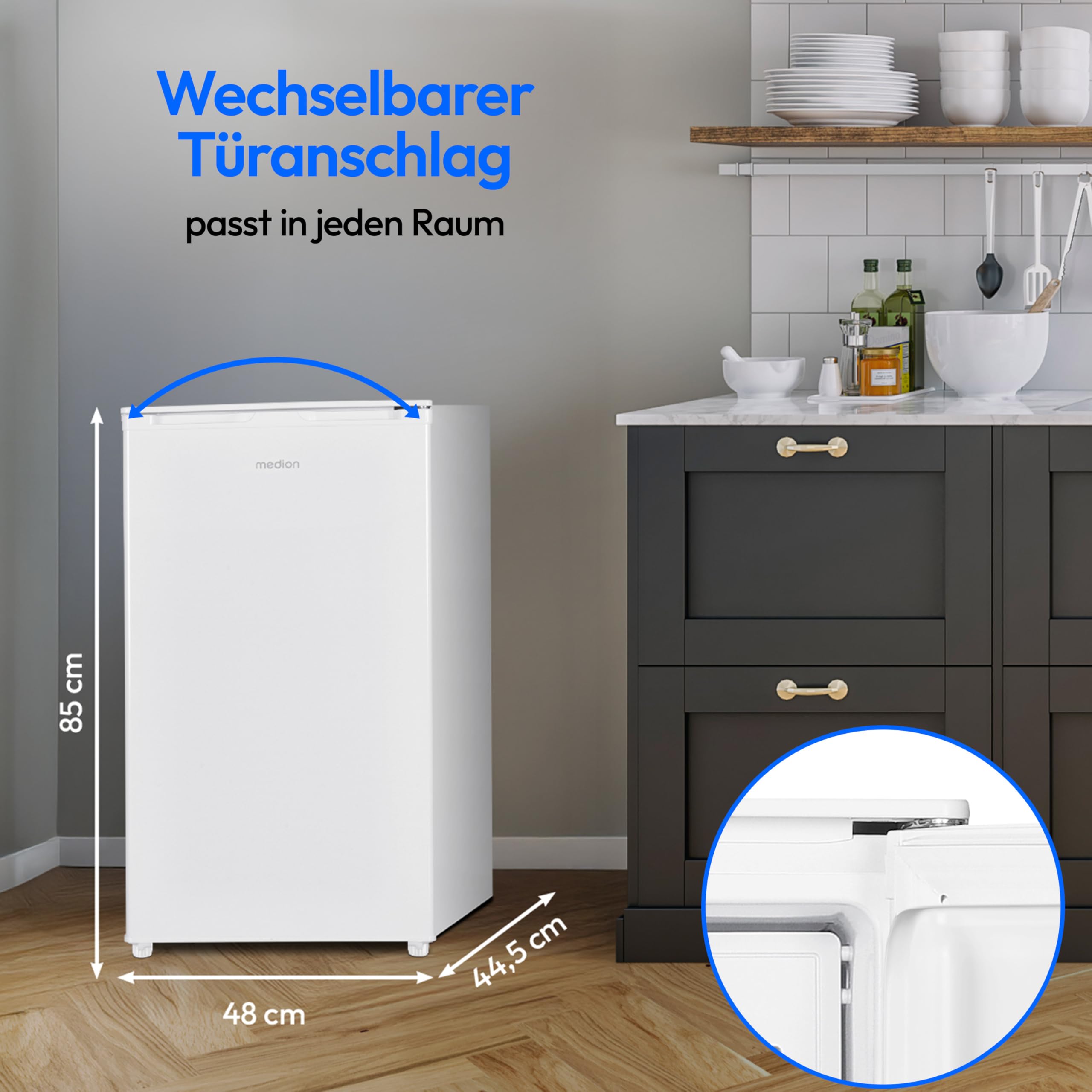 MEDION Kühlschrank mit Eiswürfelfach (90L Gesamt-Nutzinhalt 80L Kühlteil 10L Eiswürfelfach, transparente Gemüseschublade, freistehend, wechselbarer Türanschlag, höhenverstellbare Füße, MD37690)