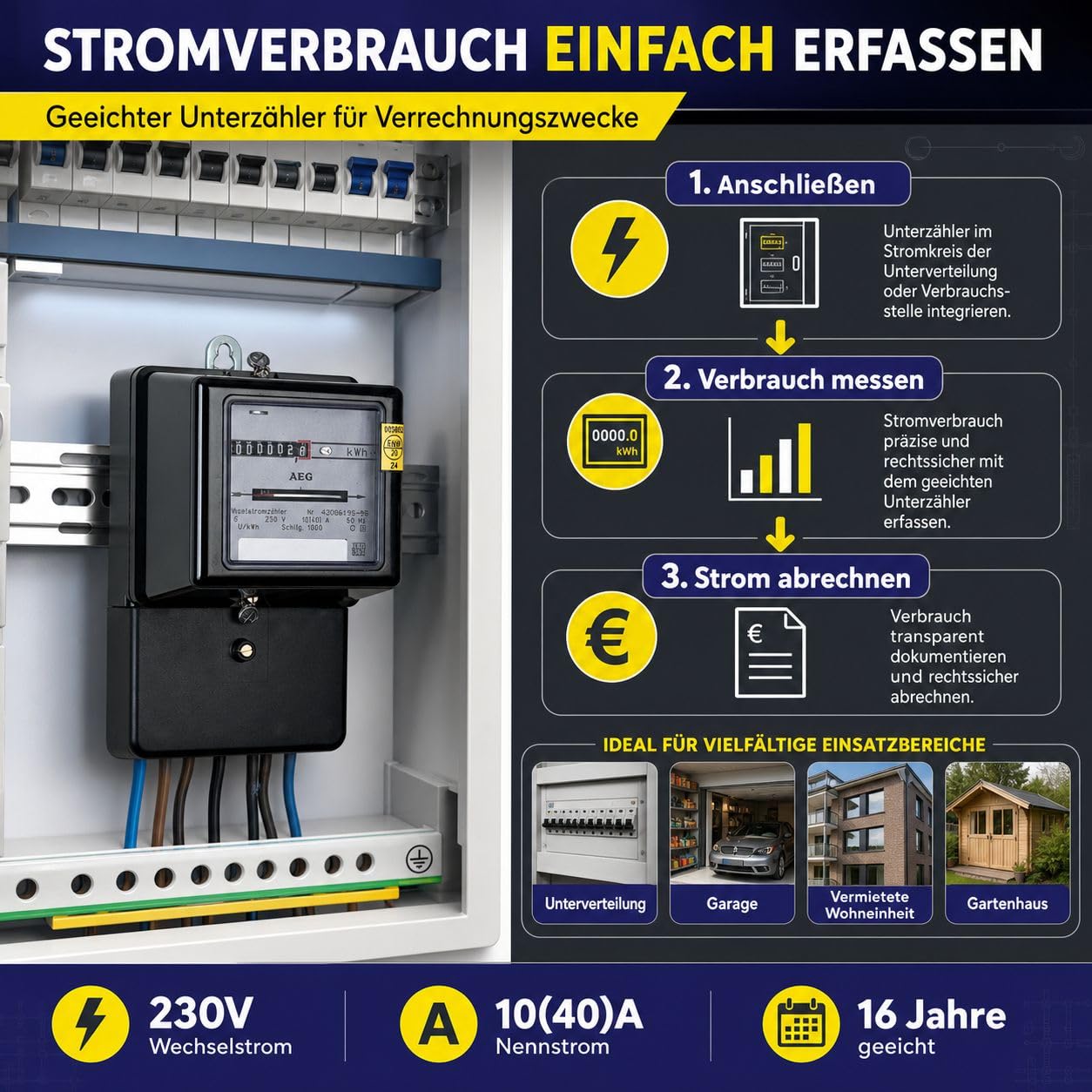 KDK Dornscheidt 111040 Wechselstromzähler 230V 10(40) A geeicht 16 Jahre für Verrechnungszwecke zugelassen, 1-phasiger Stromzähler mit Rollenzählwerk 5,1-stellig