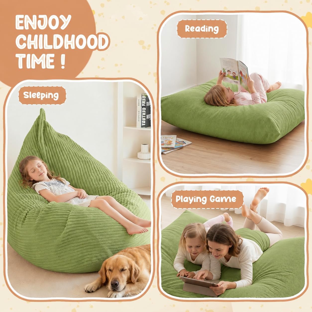 3 in 1 Kids Bean Bag Chair Bed – Foldable Bean Bag to Lounger & Floor Mattress, High-Density Foam Filling Bean Bag, Child Floor Sofa for Reading, Sleeping, Gaming & Relaxation,Green