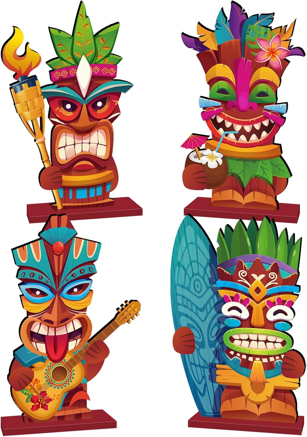 4Pcs Tiki Party Decorations Wooden Tiki Totem Table Sign Decor | Hawaiian Luau Party Decorations Tropical Aloha Wooden Table Centerpieces for Tables Summer Beach Party Decorations