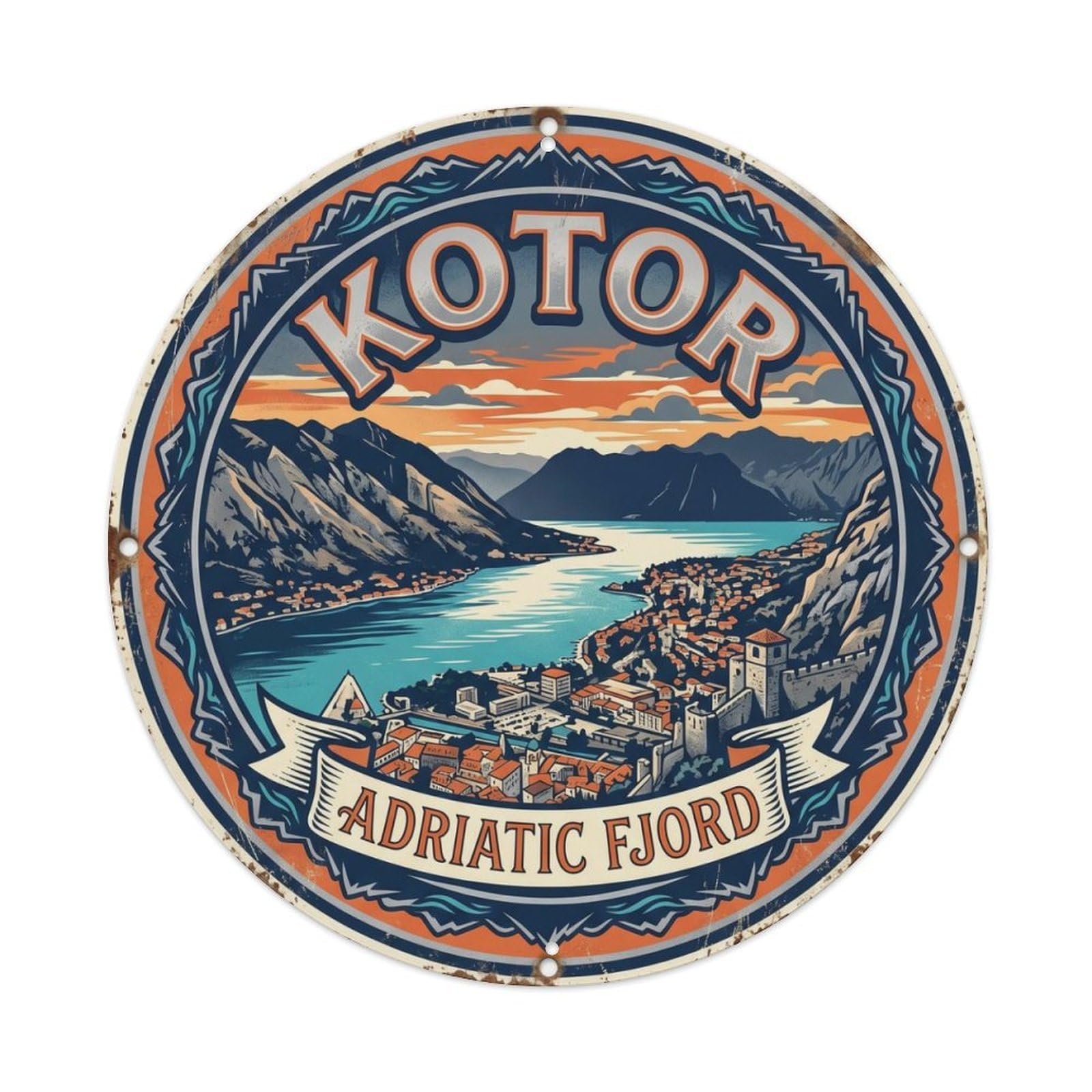 Vintage Travel Kotor Montenegro Bay Metal Tin Sign Plaque Wall Decor for Cafe, Club Bar, Office, Home Garden Round Metal Poster 8x8Inch