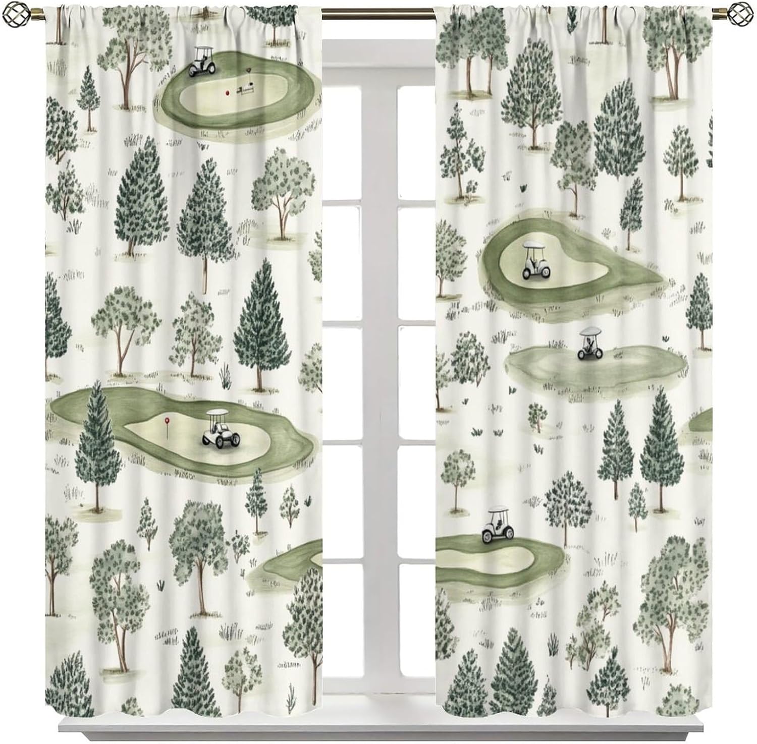 Golf Car Watercolor Blackout Curtains, Tree Sport Outdoor Curtains Rod Pocket Thermal Insulated Window Drapes for Bedroom/Living Room, 21W x 45L, 2 Panels