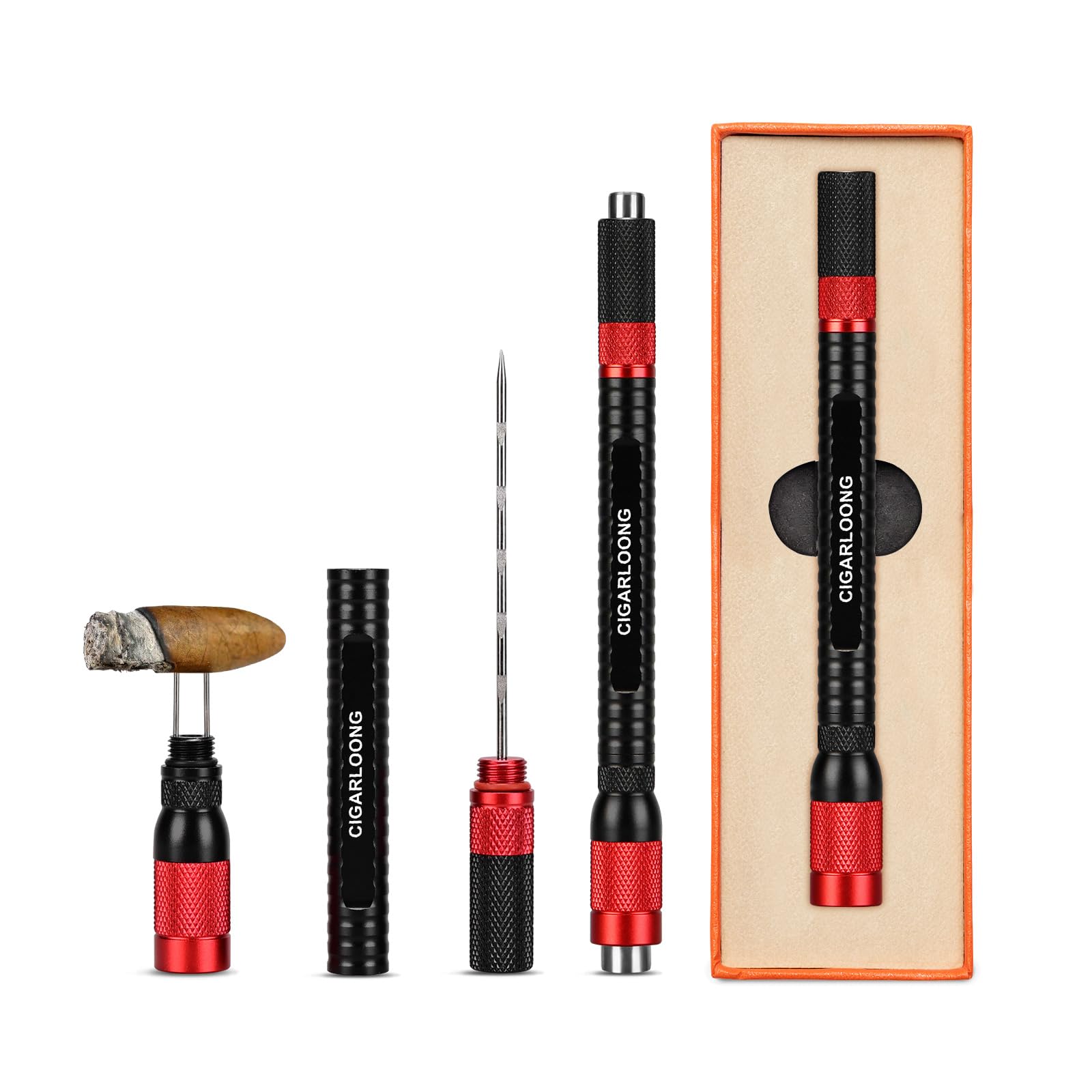 CLZOONG Cigar Punch 4-in-1,Cigar Punch Tool Set Portable with Double Size (8mm&11mm) Cigar Draw Enhancer Tool and Twin Nubber Stainless Blade with Gift Box (Black&Red)