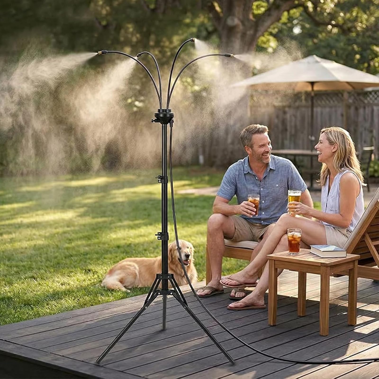 Adjustable Outdoor Misting Cooling System, Portable Outdoor Misting System with 360 Flexible Tube, Water Mister Fan for Backyard Garden Pool BBQ Tanning (2 SETS)