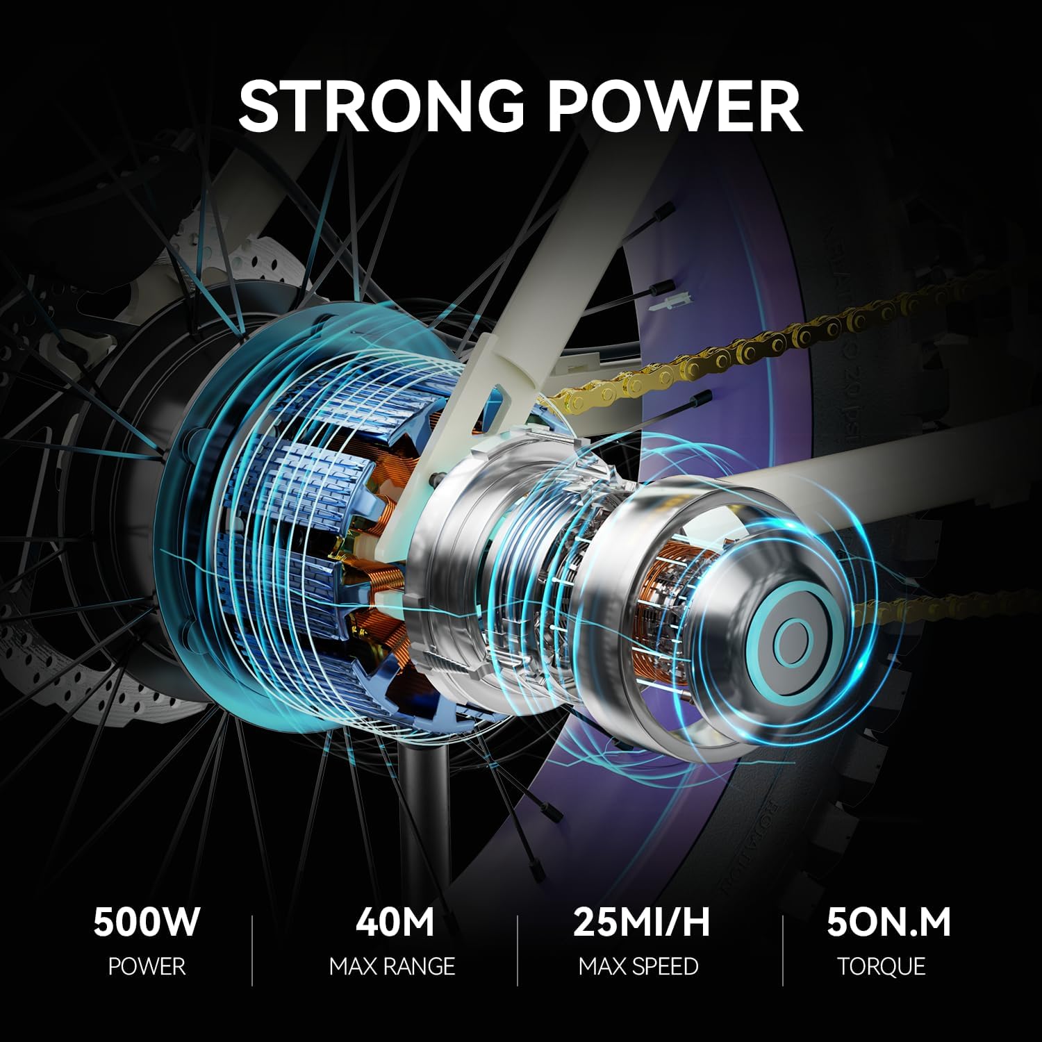 Close-up of the MACFOX X1S electric bike's rear hub motor, highlighting its 500W power, 40M max range, 25MPH max speed, and 50N.m torque.