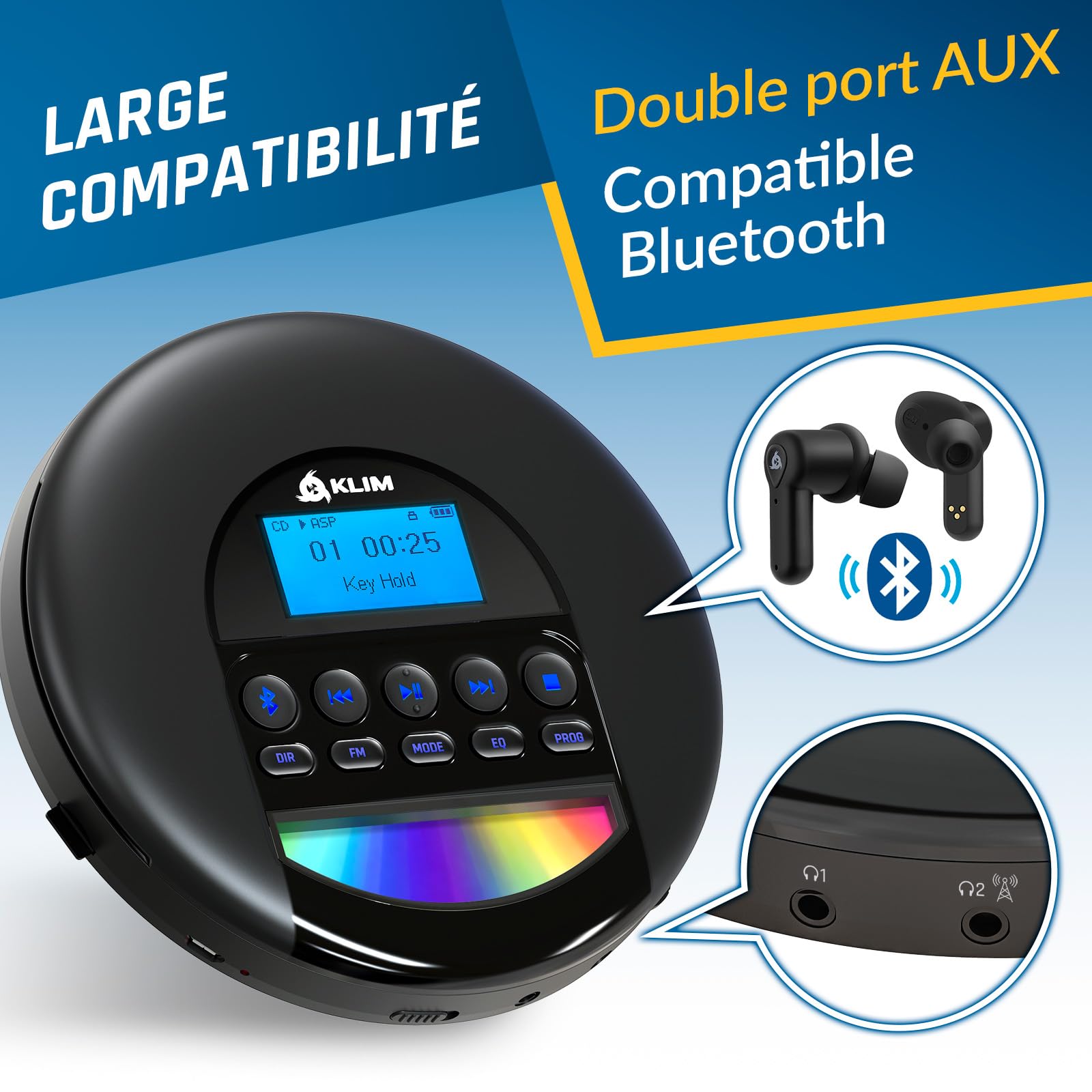 KLIM Nomad Lecteur CD Portable - Batterie Intégrée Longue Durée - avec Écouteurs - Compatible CD-R, CD-RW, MP3-16GB TF Card - Bluetooth Baladeur Lecteur CD pour Voiture, Maison, Extérieur - Noir