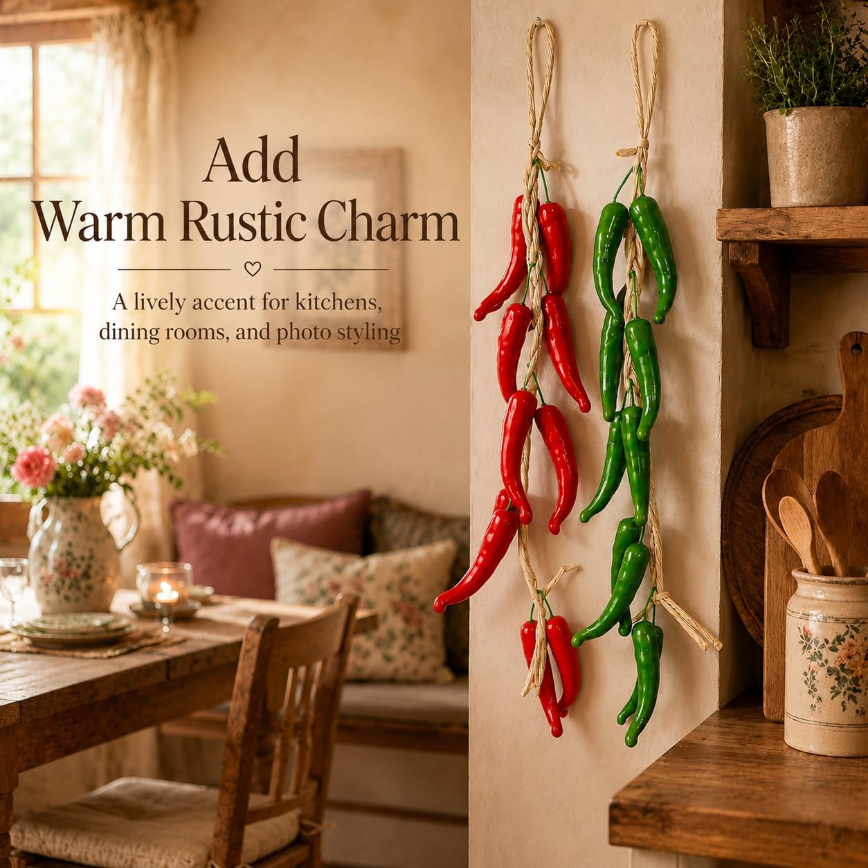 2 Strings Artificial Chili Pepper Hanging Decor, Artificial Pepper String Chili Pepper Decorations Lifelike Fake Vegetable for Home Kitchen Decor Photography Props