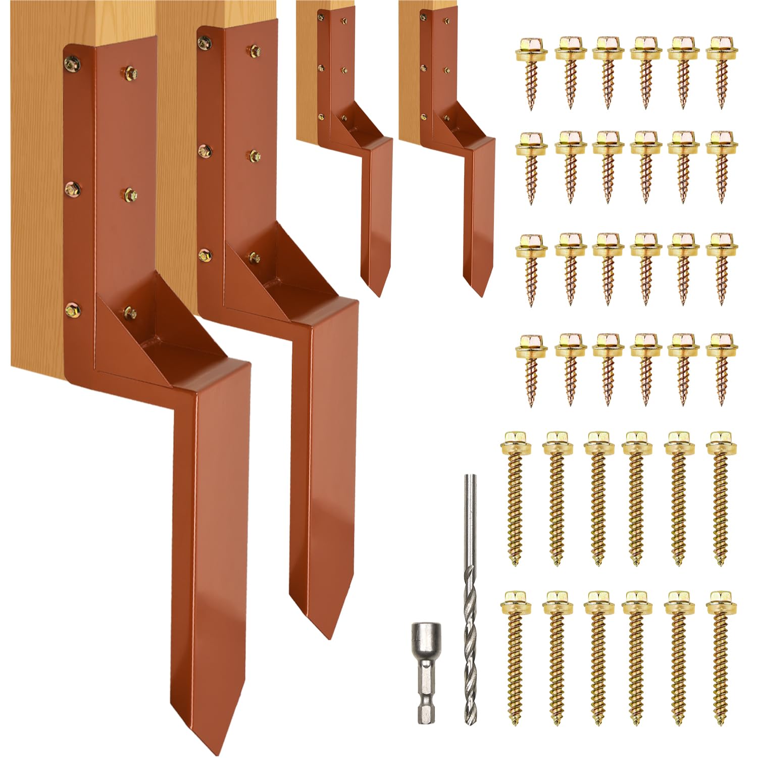 WIMART Fence Post Repair Kit 4''x4'', Heavy Duty Steel Fence Post Anchor Ground Spike 4''x4'' for Wooden Fence Post Repair, Wooden Fence Base Contruction (Wood Color - Set 4)