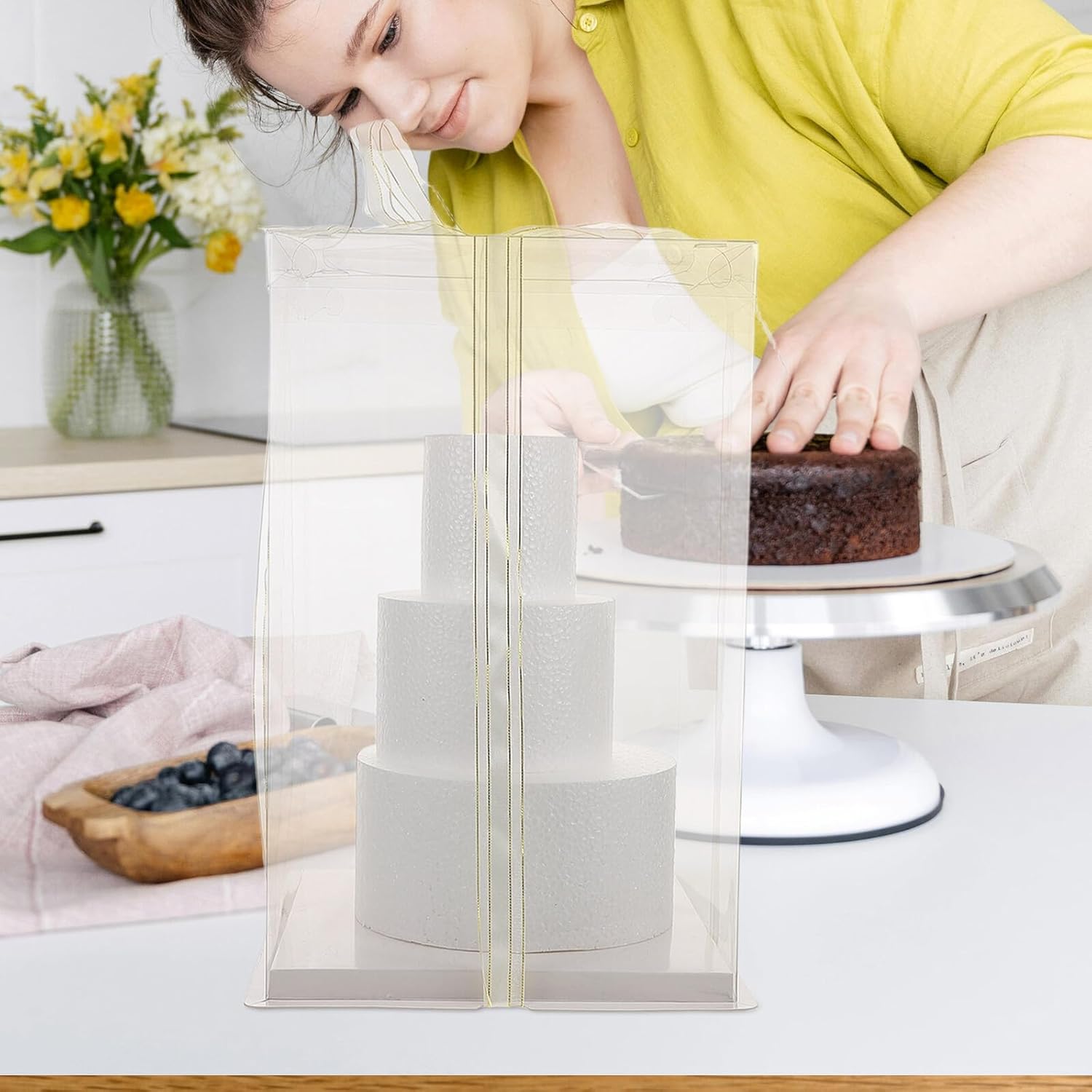 Foam Cake Dummies Set 4", 6", 8" Polystyrene Blocks for Fondant Practice and Frosting Decoration Wedding Birthday Display Foam Ribbon and Storage Box