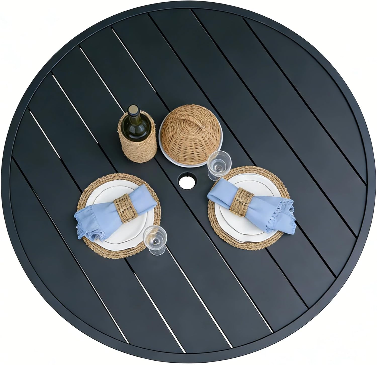 All-Weather 47" Round Outdoor Patio Table for 6, Metal Black Dining Table with Adjustable Umbrella Hole, Garden, Backyard & Deck Bistro Table
