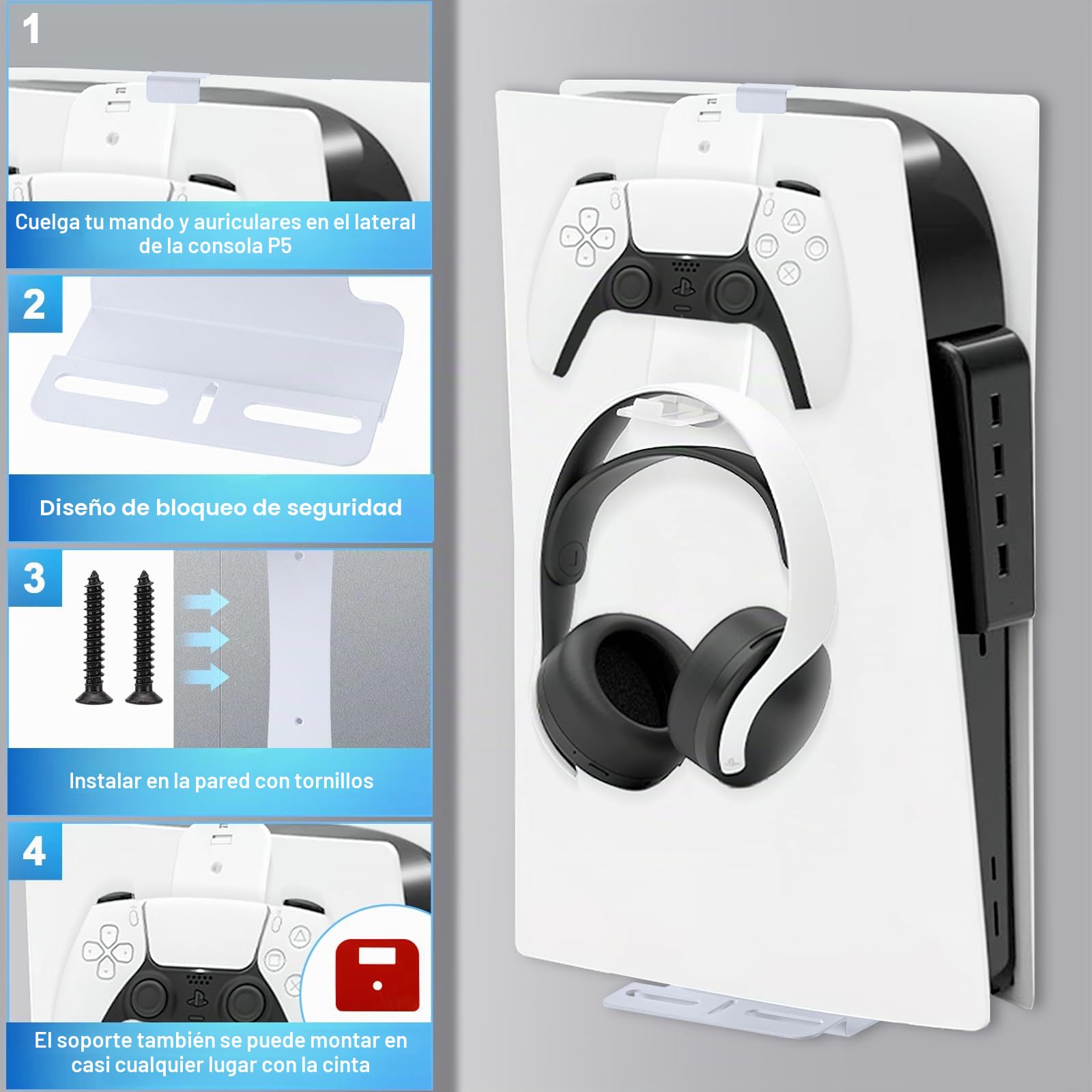 Soporte de Pared para PS5 Consola (Disco y Edición Digital) con Mando y Auriculares - Montaje en Acero para Playstation 5 (Blanco)