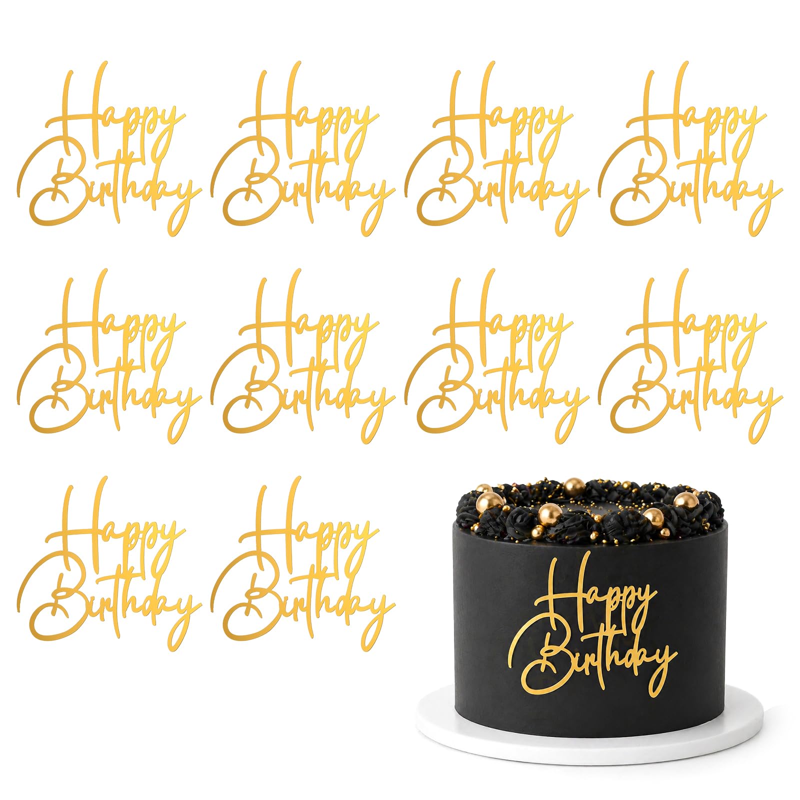Muiltvoe 10 Pcs Gold Happy Birthday Cake Topper, Acrylic Happy Birthday Sign for Cake Mirror Cupcake Toppers for Birthday Anniversary Bridal Shower Party Supplies