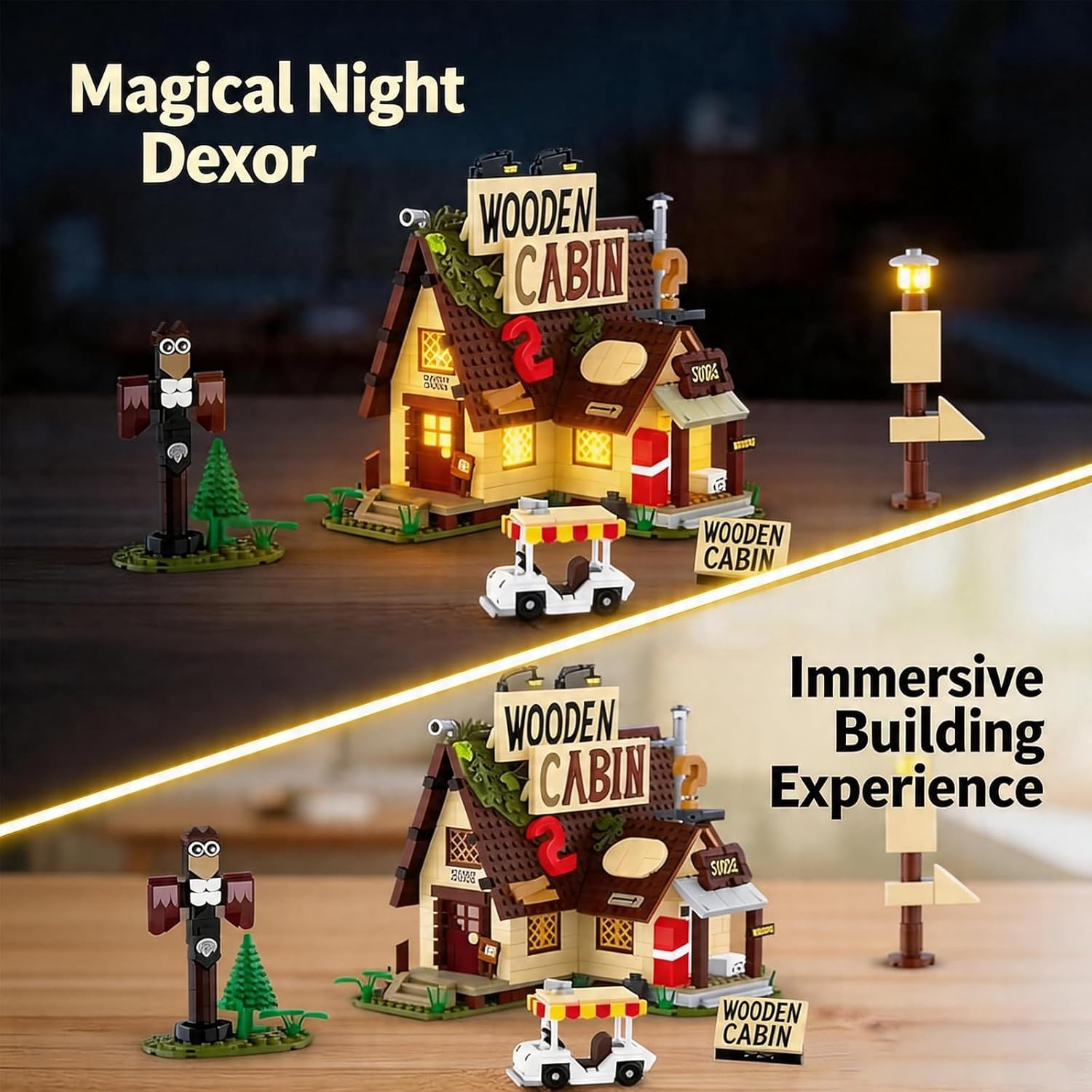 1047 Pcs Mini Blocks Mystery Cabin Set with LED Light, Wooden Forest Cottage Architecture Building Kit, Toy Gift for Adults & Fans (Micro Size, NOT Compatible with Standard Brands)