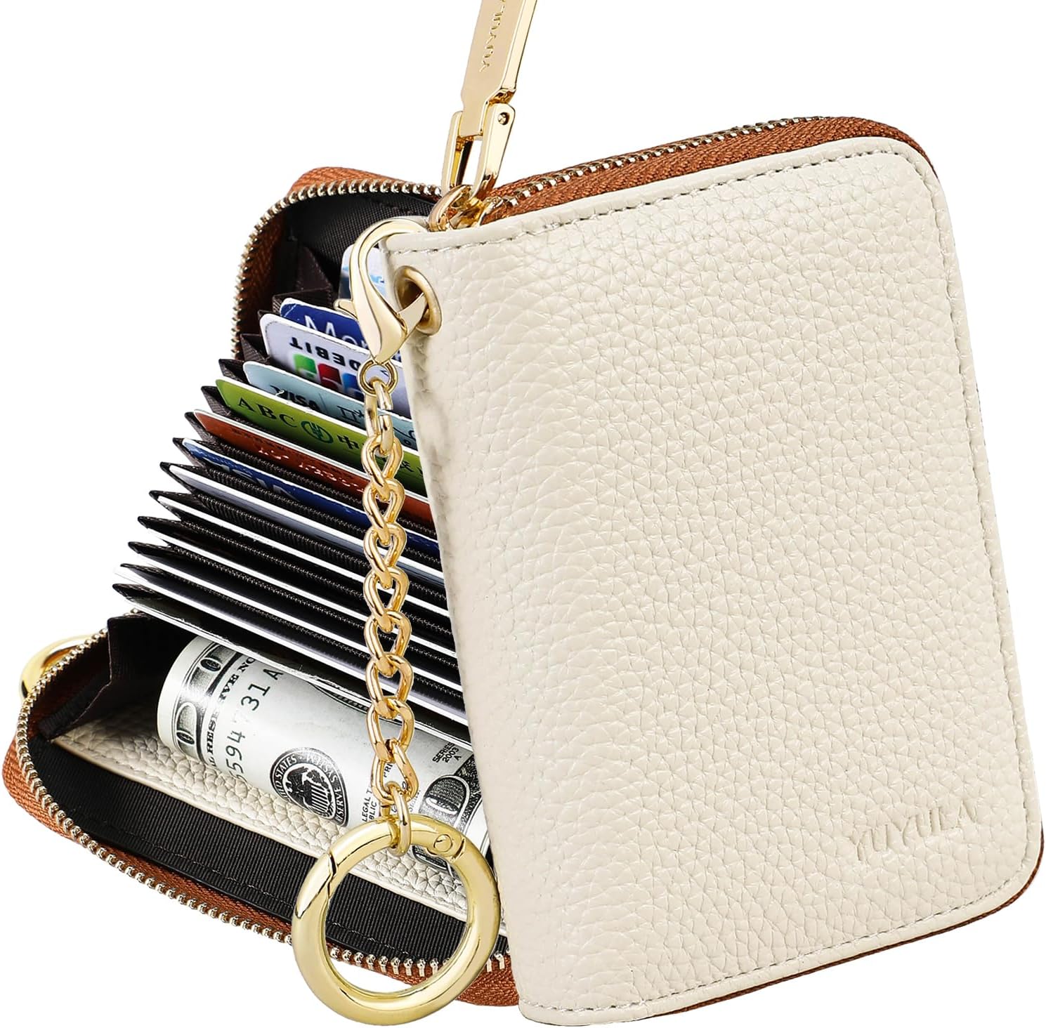 Lether Women Credit Card Wallet, Zipper Business Card Holder for Women, RFID Blocking, KeyChain Wallet (White) - Image 2