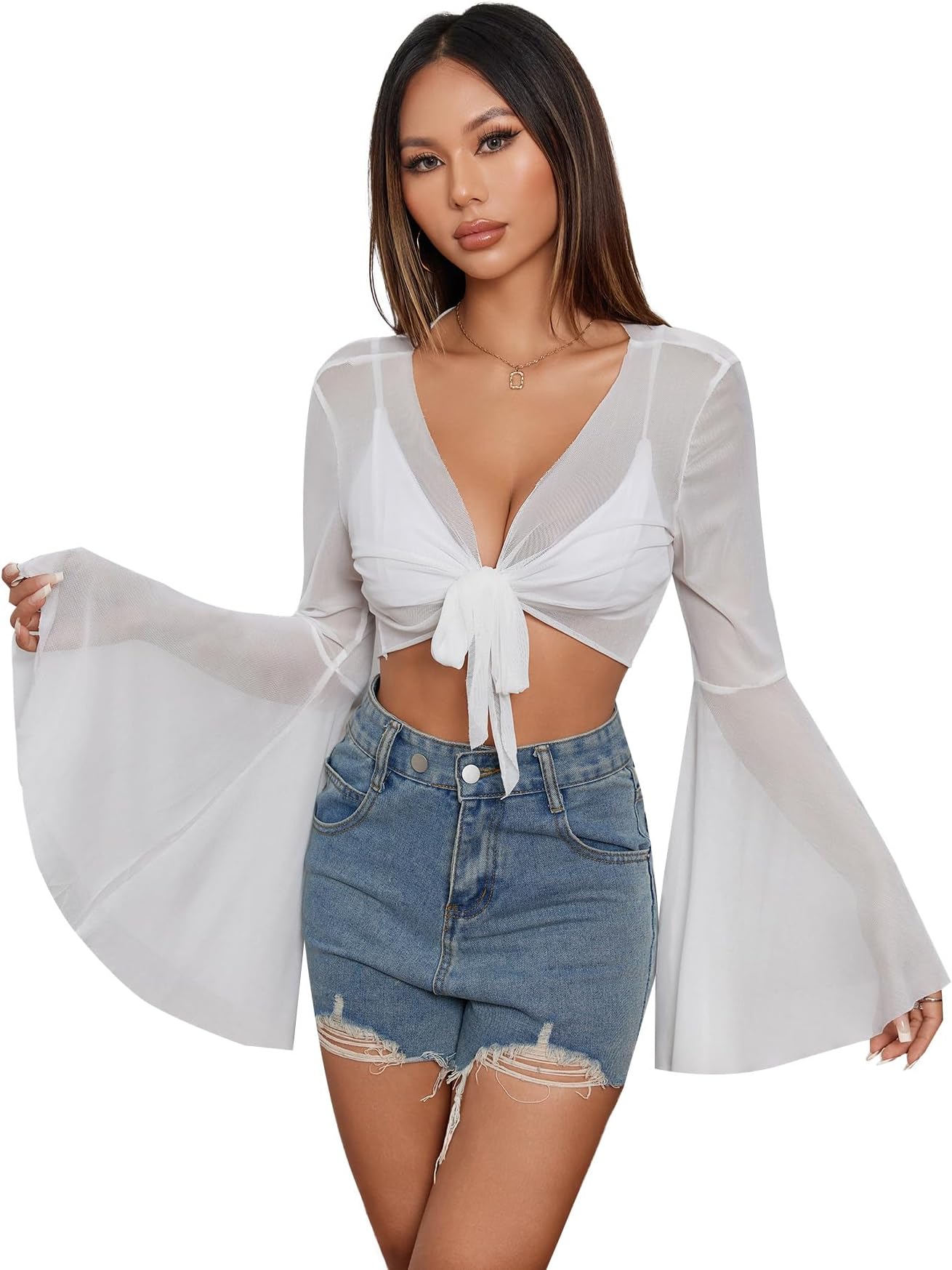 Women's Bell Sleeve Crop Top Tie Front Long Sleeve Blouse Sheer Mesh Tops