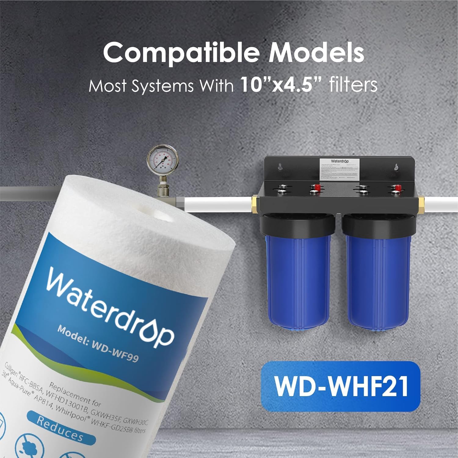 Waterdrop Whole House Sediment Water Filter, 10" x 4.5", Replacement for Pentair Pentek DGD-5005, GE® GXWH40L, GXWH35F, Culligan® RFC-BBSA, 3M® Aqua-Pure® AP810, 5 Micron, Pack of 2