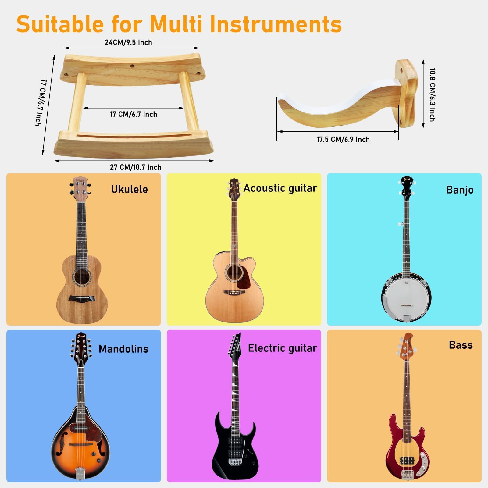TTCR-II Yumzeco Soporte de Pared para Guitarra, Gancho para Colgar Guitarra Acústica Clásica, Percha de Pared Acolchados, Colgador pared Horizontal la Banjo, Mandolina