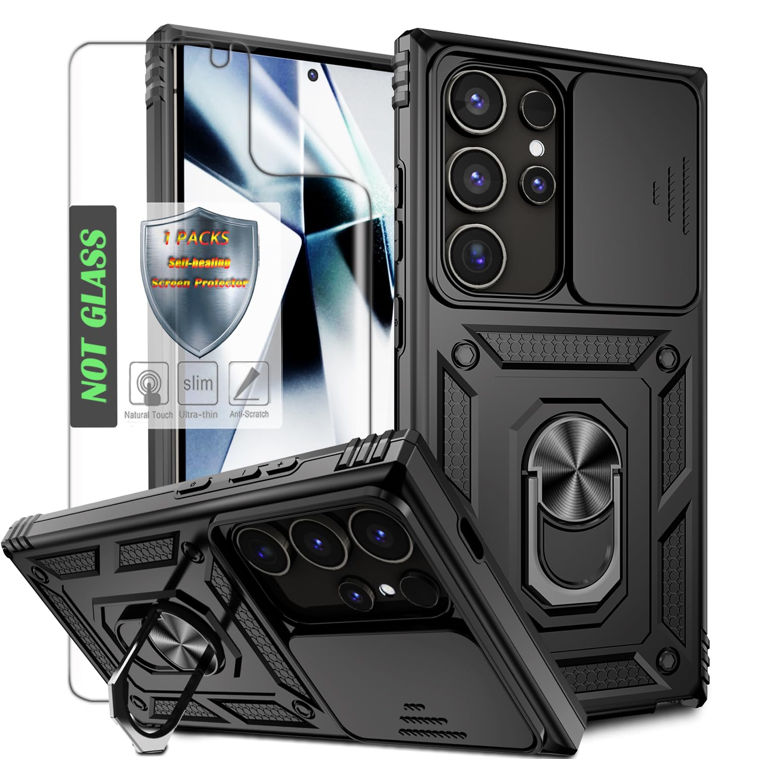 Photo 1 of AYMECL S24 Ultra Case with Built-in Rotating Stand,Slide Camera Cover & HD Self-Healing Film - Designed for Samsung Galaxy S24 Ultra,Black