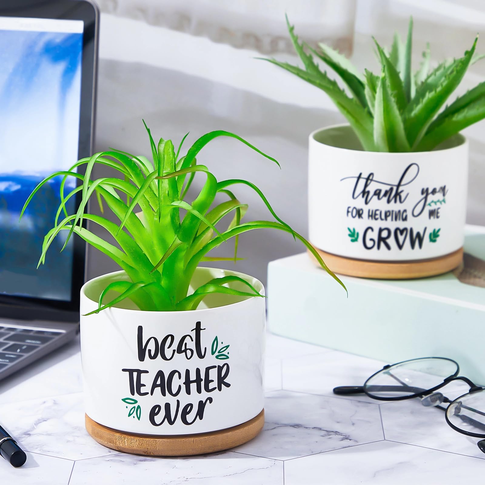 Keramik-Sukkulententopf Mit Bambus-Tablett & Witzigem Spruch – 8,9 Cm, Weiß, Büro-Deko & Geschenk