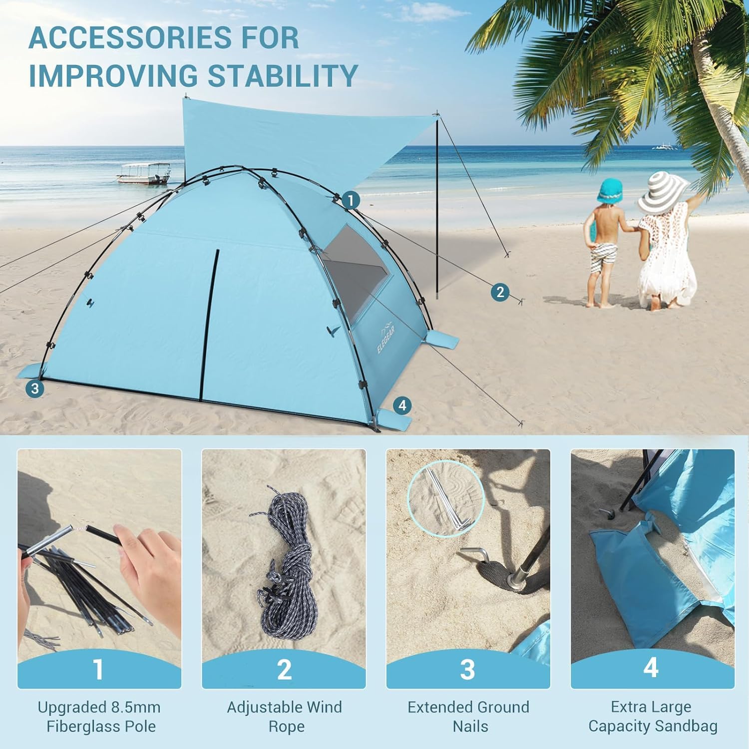 Elegear Namiot Plażowy Dla 6–8 Osób, Namiot Przeciwsłoneczny Z Bardzo Dużym Daszkiem, Ochrona UV UPF 50+, Parasol Plażowy Z Rozkładaną Werandą, Przenośny I Łatwy W Montażu Na Plażę, Niebieski