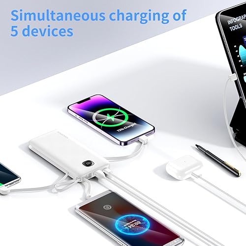 Miniatura 5 de Cargador portátil con cables integrados y enchufe de pared de CA, delgado 10000mAh 22.5W, cargador de energía de carga rápida, 5 salidas y 2