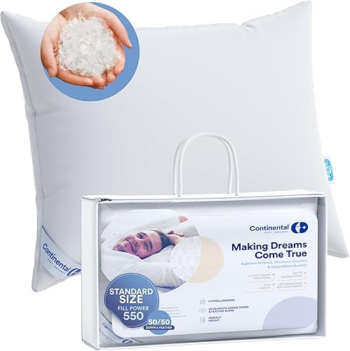 Continental Bedding Almohada tamaño King Juego de 2 Almohada de plumón de ganso blanco y mezcla de plumas 50% plumón de ganso blanco y 50% plumas