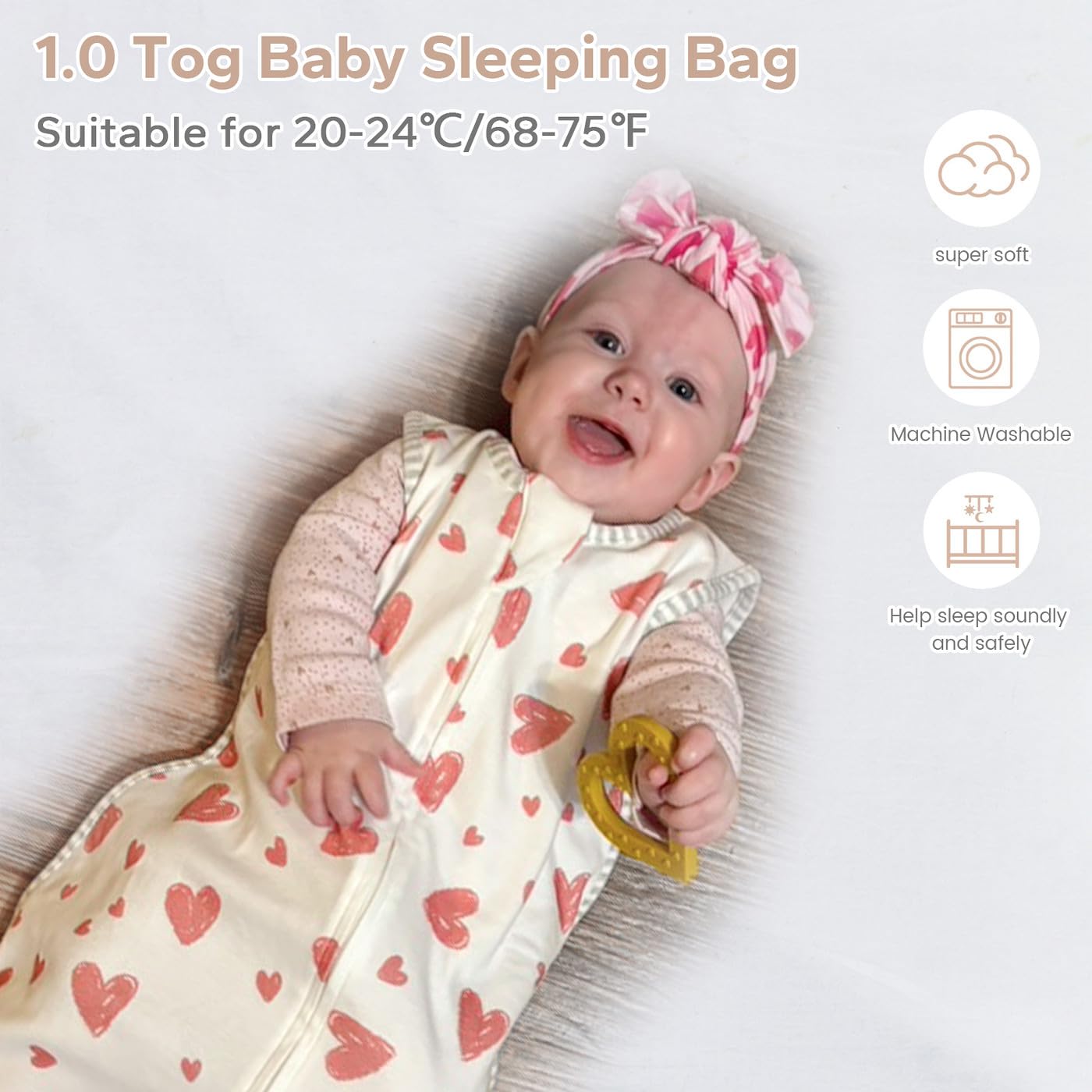 TURMIN Baby Sleeping Bag 1.0 Tog 6-12 Months 100% Cotton Newborn Sleep Sack, Sleeveless Baby Sleep Bag, Pink & Love - Image 4