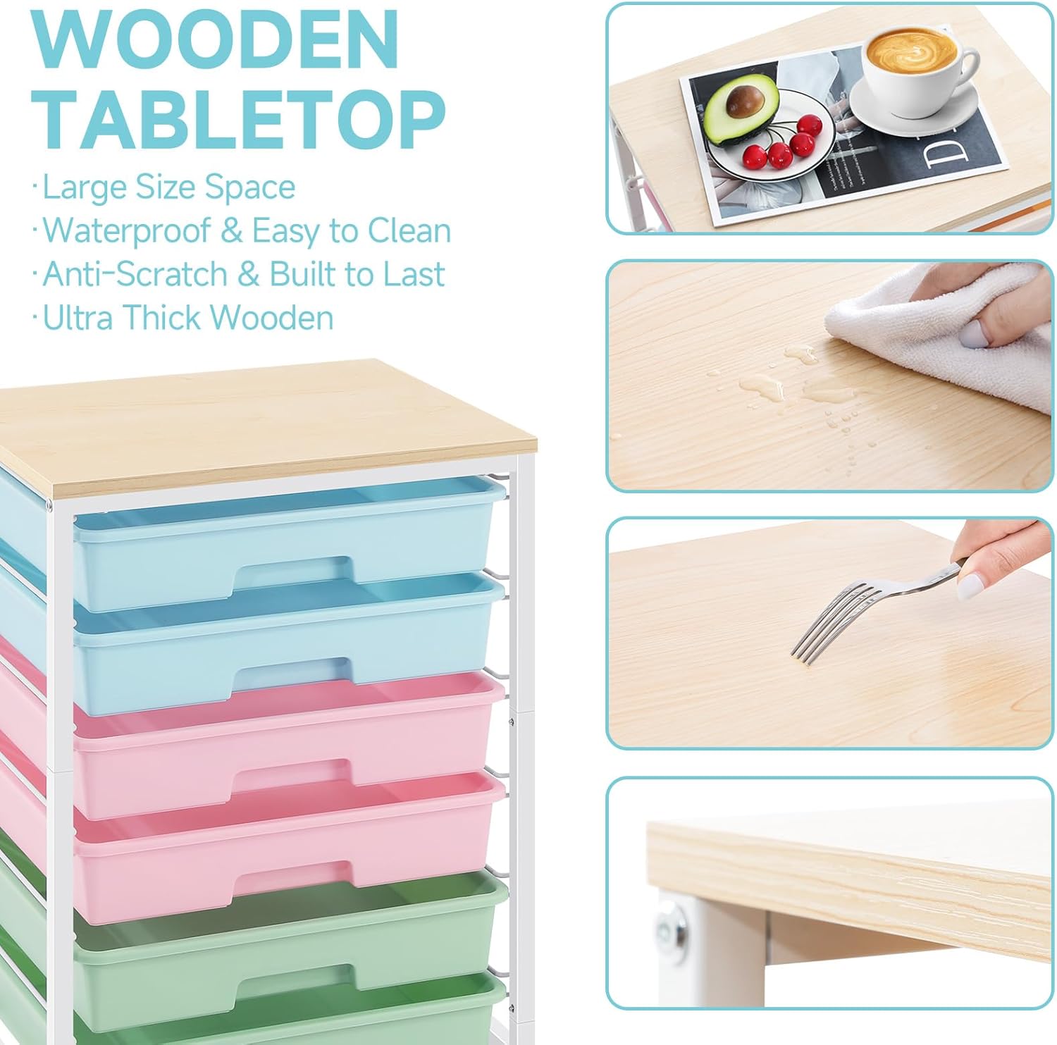 Rolling Cart with Drawers,Utility Cart with 6 Drawers,Rolling Storage Cart with Drawers and Wooden Tabletop & Lockable Wheel,Colorful