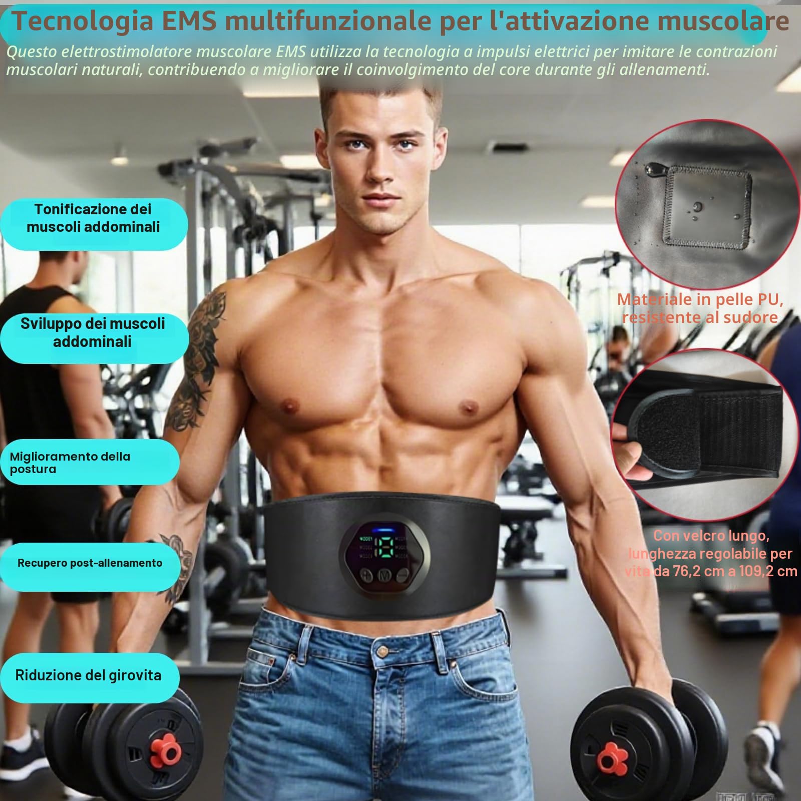EMS - Stimolatore Muscolare per l'allenamento degli Addominali e Perdita di Peso – 6 Modalità, 18 Livelli, Stimolatore Addominale Lungo 109 cm Regolabile, Ricaricabile tramite USB, Dispositivo Fitness