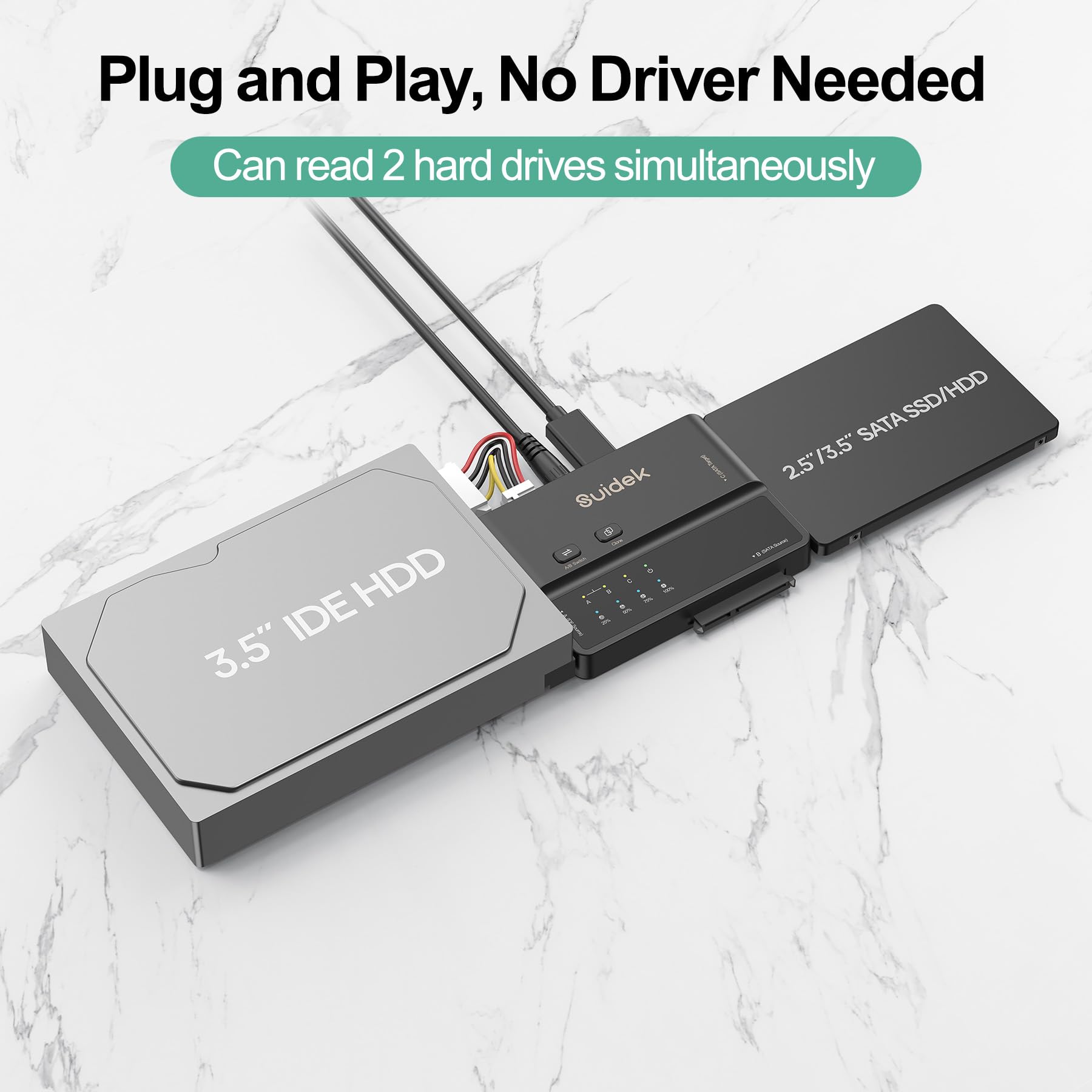 Adaptateur USB 3.0 vers IDE et SATA, Lecteur de Disque Dur Externe Type-C 5Gbps pour Disques durs HDDs/SSDs SATA 2,5"/3,5" et Disques durs HDDs IDE 3,5" avec Fonction de Clonage Hors Ligne
