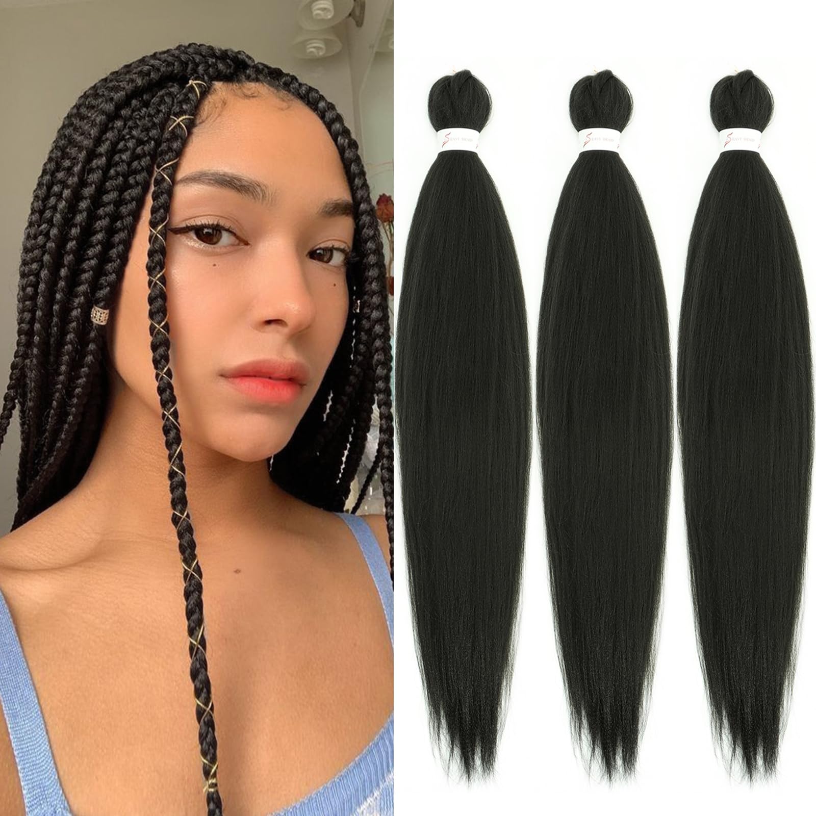 Natural Black Braiding Hair Pre stretched 22 Inch 3 Packs Yaki Texture Hot Water Setting Hair Extensions for Box Braids