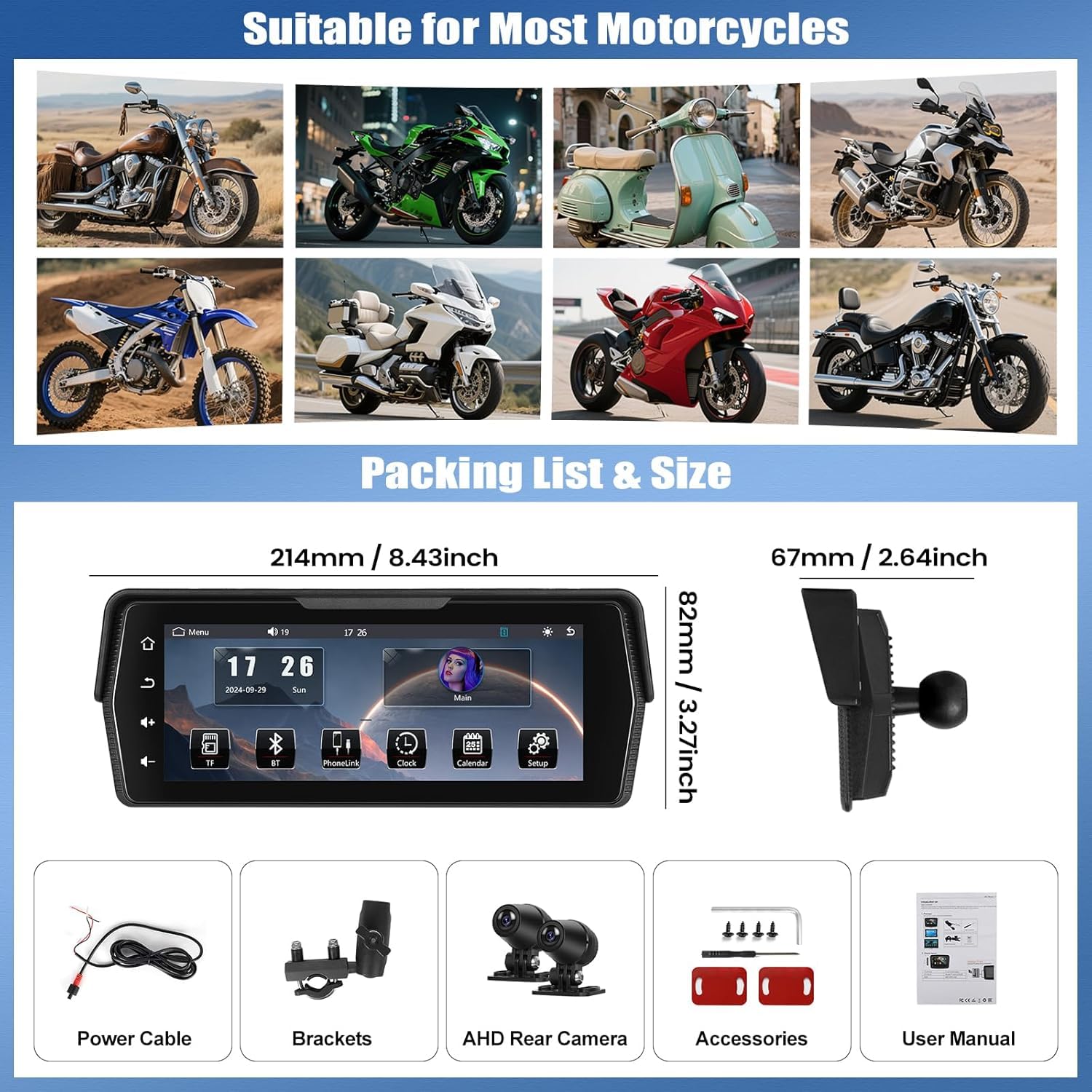 CAMECHO [Bezprzewodowy CarPlay] Pionowy 5-calowy ekran motocyklowy IPS HD bezprzewodowy CarPlay i Android Auto IP68 z Bluetooth uniwersalny monitor motocyklowy z regulacją EQ