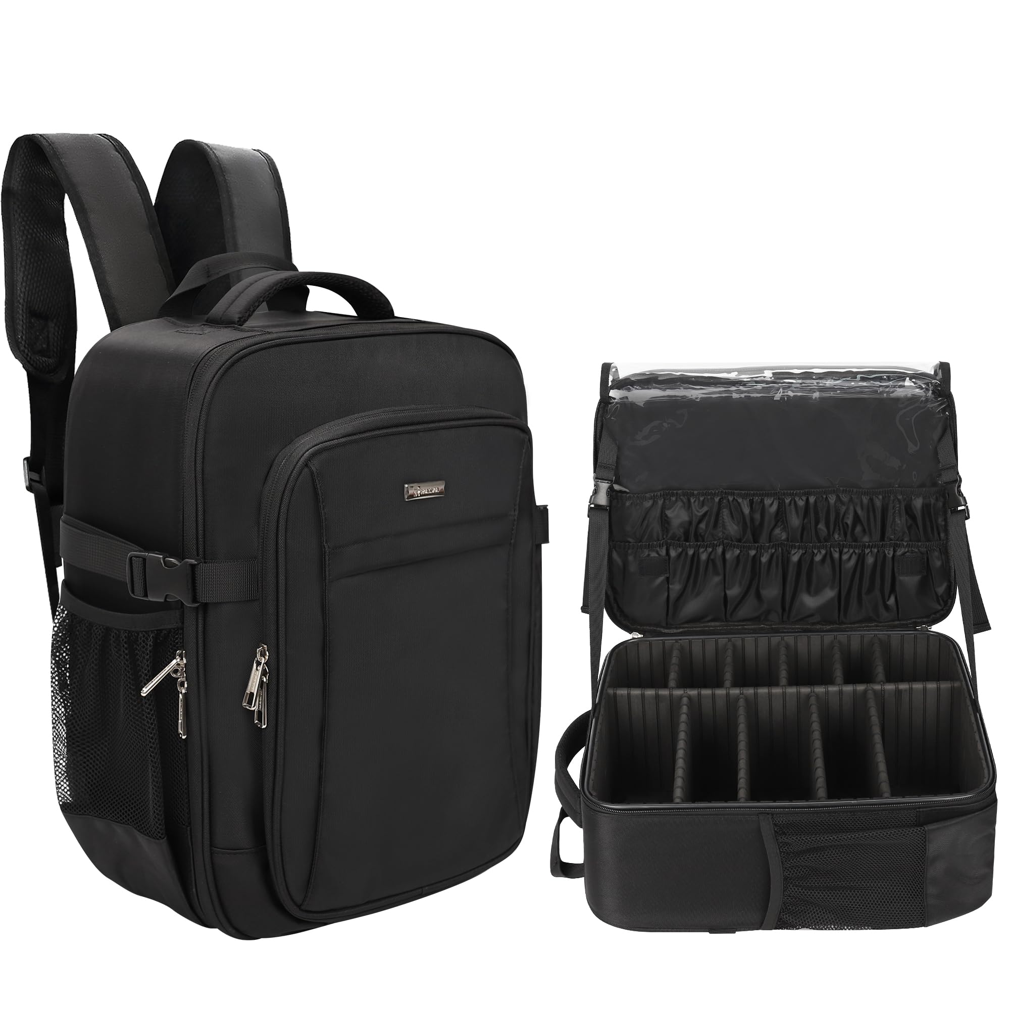 Make-up Rucksack, Profi Reise Make-up-Koffer Set für Frauen – XL Kosmetik-Organisierer mit Pinselaufbewahrung und hohen verstellbaren Trennwänden, Schwarz