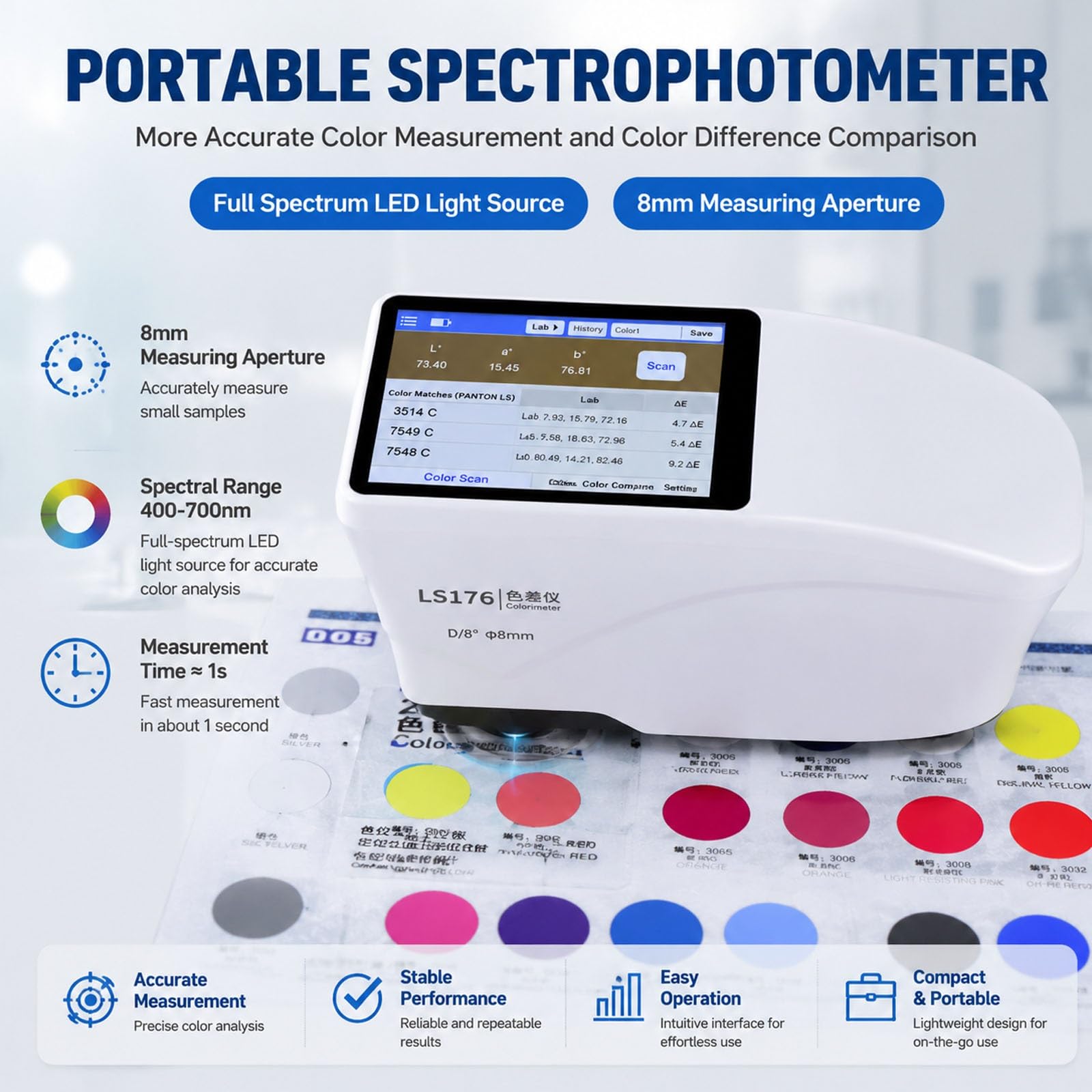 Espectrofotómetro portátil LS176, colorímetro digital preciso | Con curva de reflectancia de luz amarilla de suma de blancura de alta precisión, for medir cerámicas y plásticos