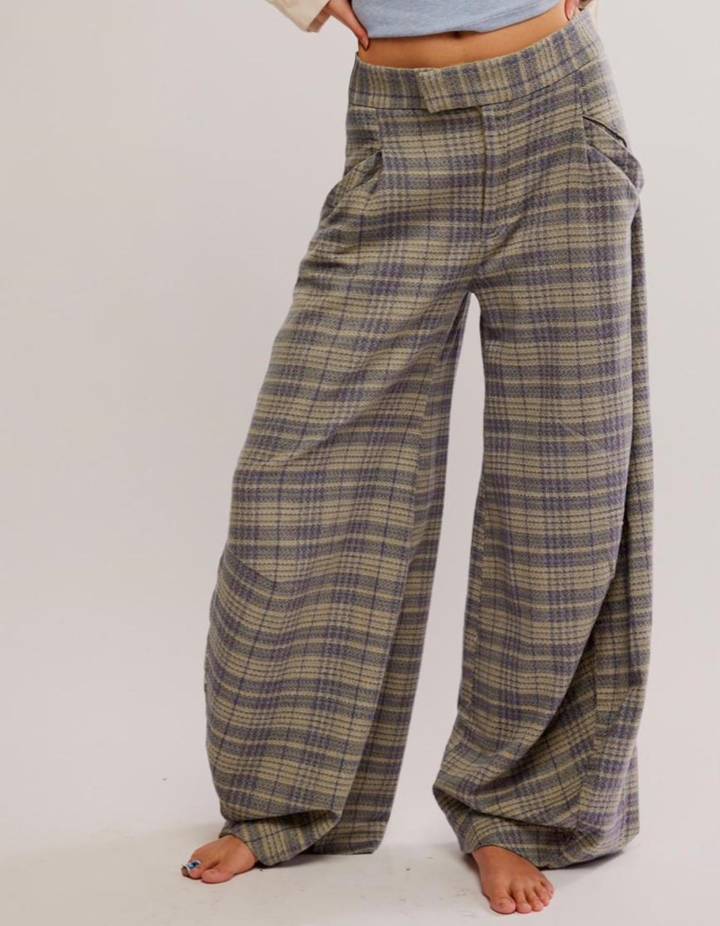Kedera Damen-Hose, Vintage-Schottenkaro, weites Bein, hohe Taille, Baggy-Hose, leger, Business-Arbeitshose