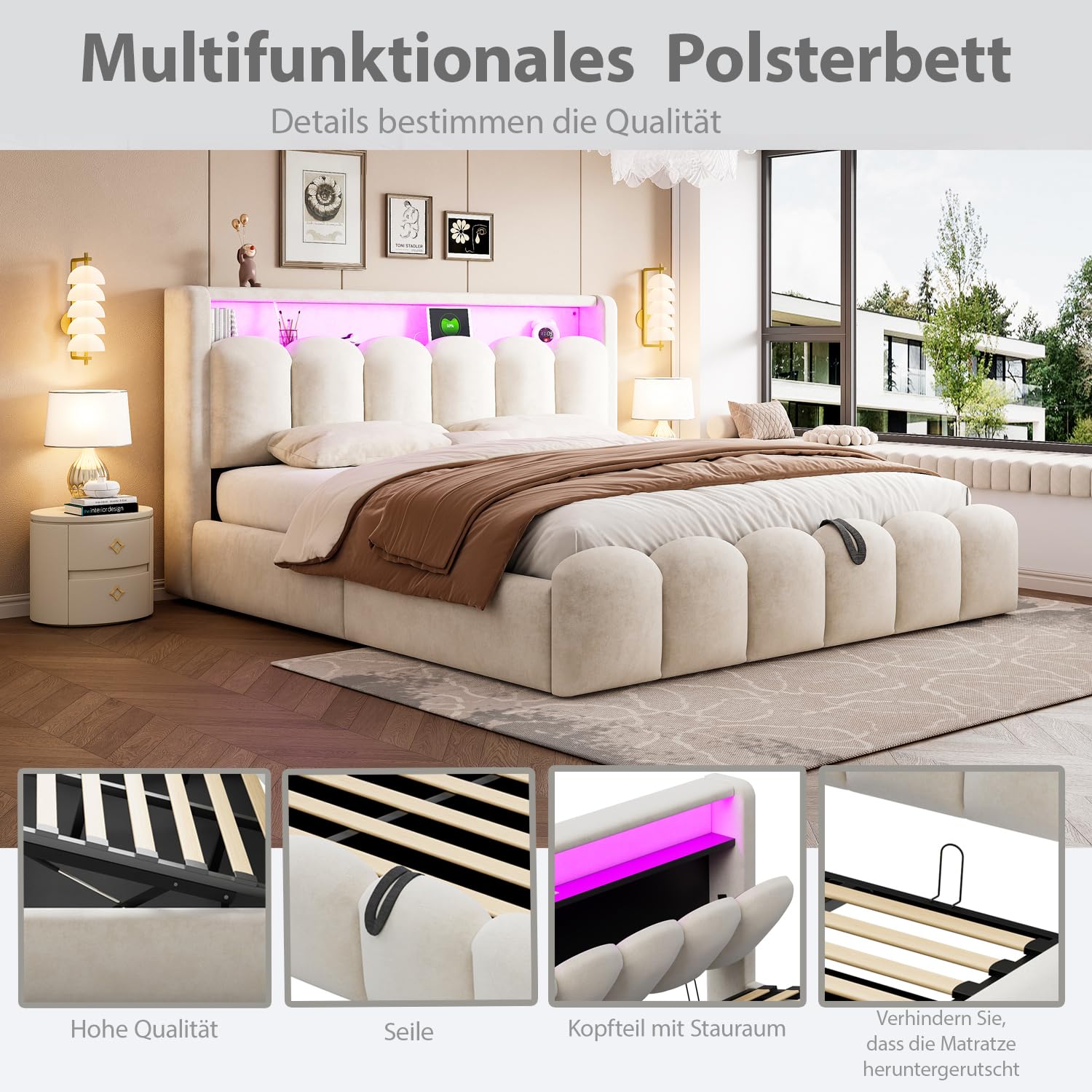 Sapgaks Lit 180x200 avec Sommier LED et USB C, Lit Coffre 180x200 avec Rangement et Tete Réglable, Capitonné Double avec à Lattes, Rembourré 2 Personnes Cadre de Velours(sans Matelas)
