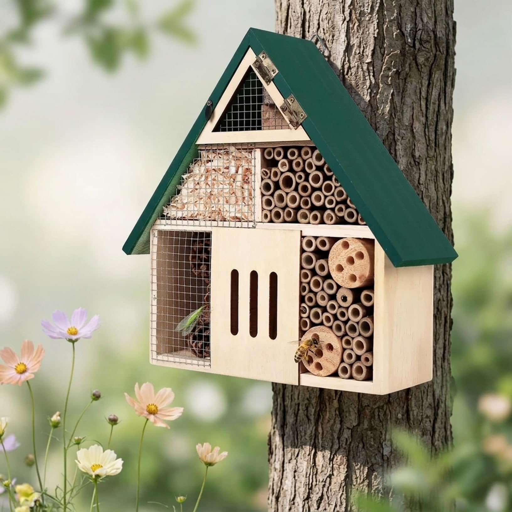 Casetta per api da falegname, per giardino, in legno naturale con tetto verde, habitat sospeso per api muratrici, coccinelle e insetti utili, all'aperto